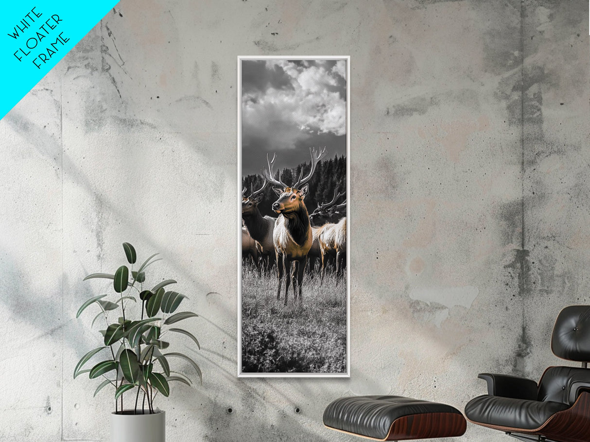 Majestic Elk, Forest Wildlife, Autumn Scene, Nature Herd, Framed Canvas Print, rustic lodge decor, cabin wall art, woodland style