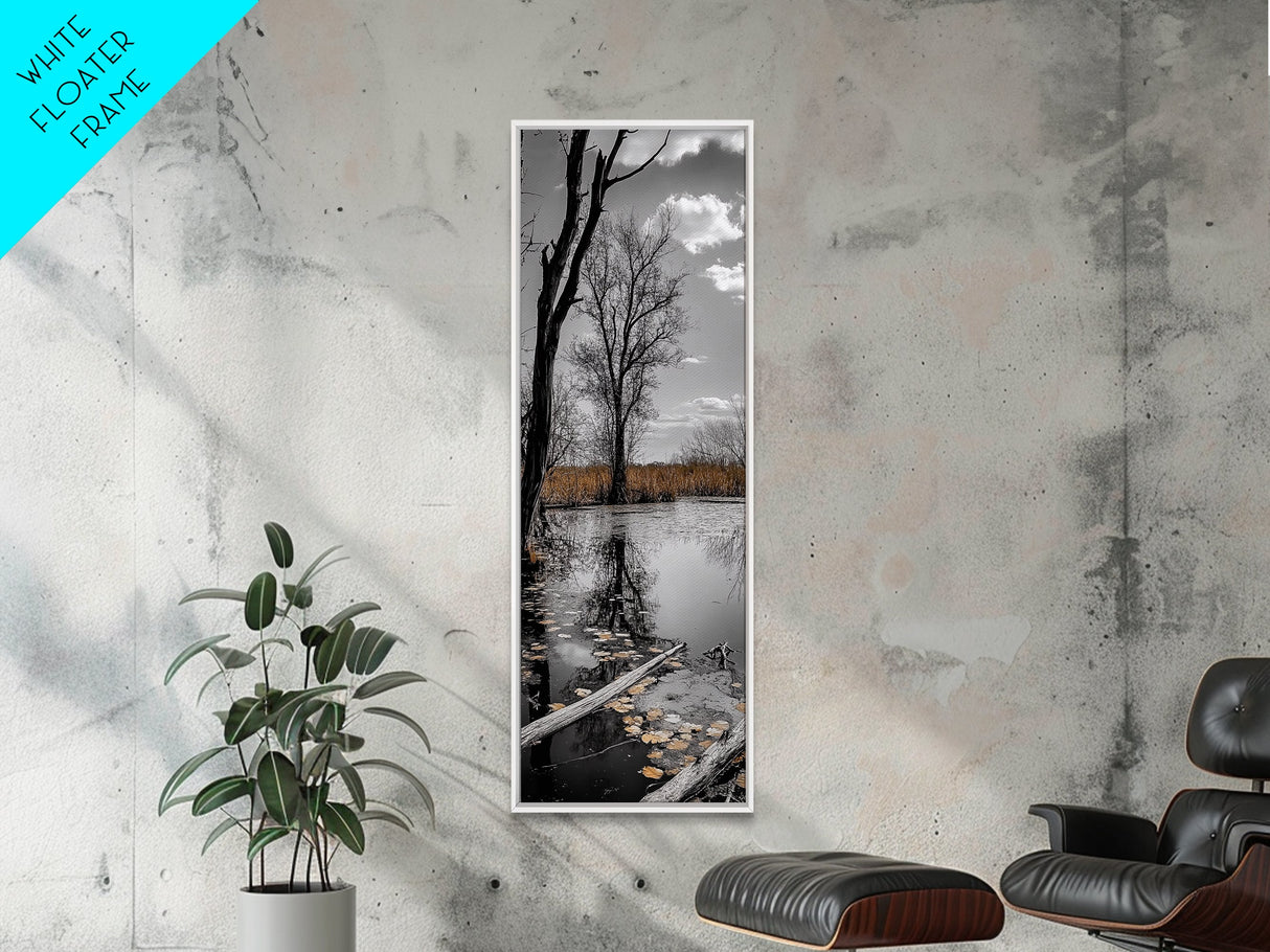 Swamp Trees, Moody Waters, Golden Lilies, Reflective Pond, Framed Canvas Print, Autumn Wall Art, Nature Decor, Living Room Landscape