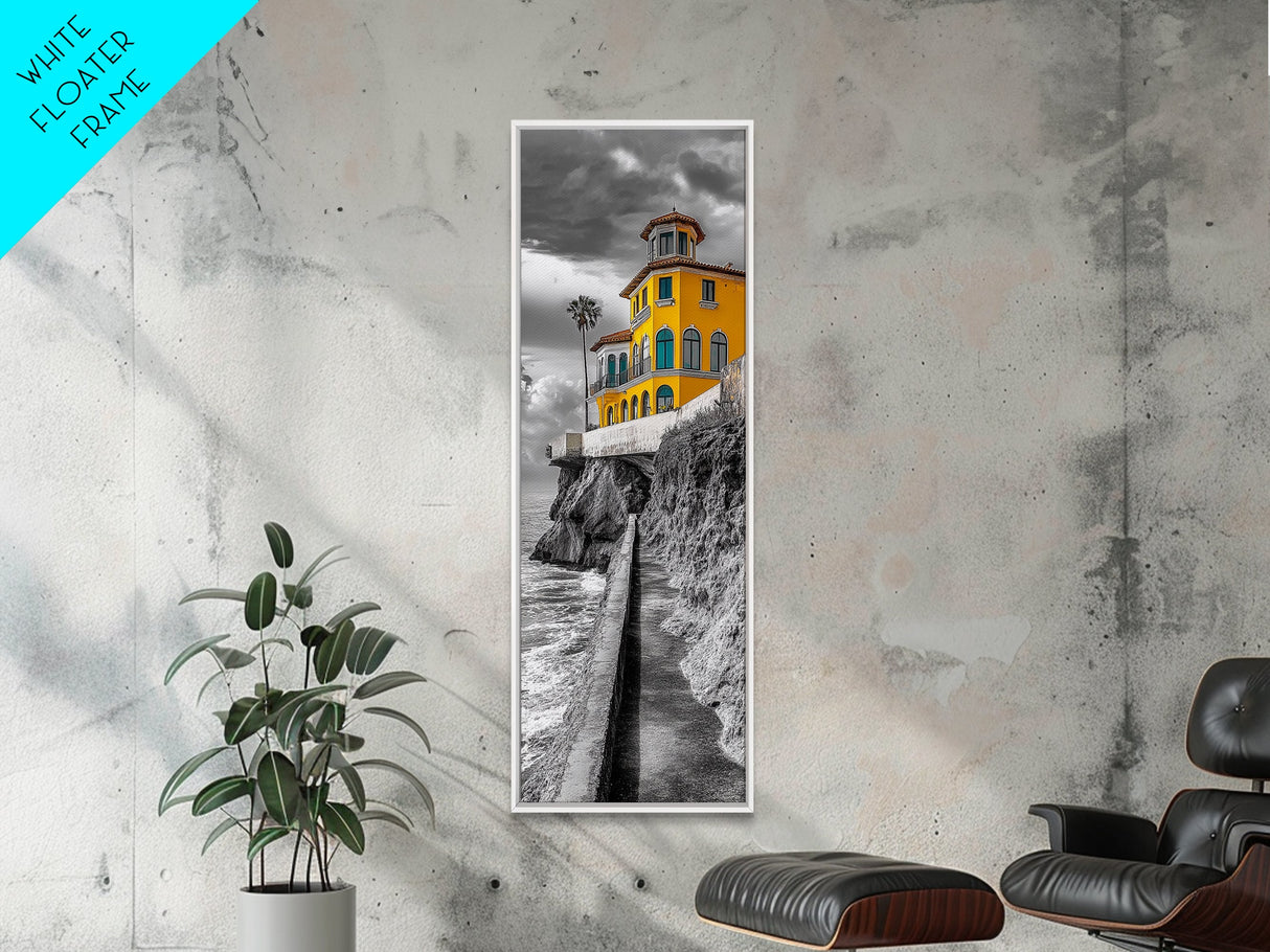 Yellow Villa, Coastal House, Mediterranean Escape, Bold Architecture, Canvas Print, Kitchen Wall Art, Modern Coastal Decor, Travel Photography