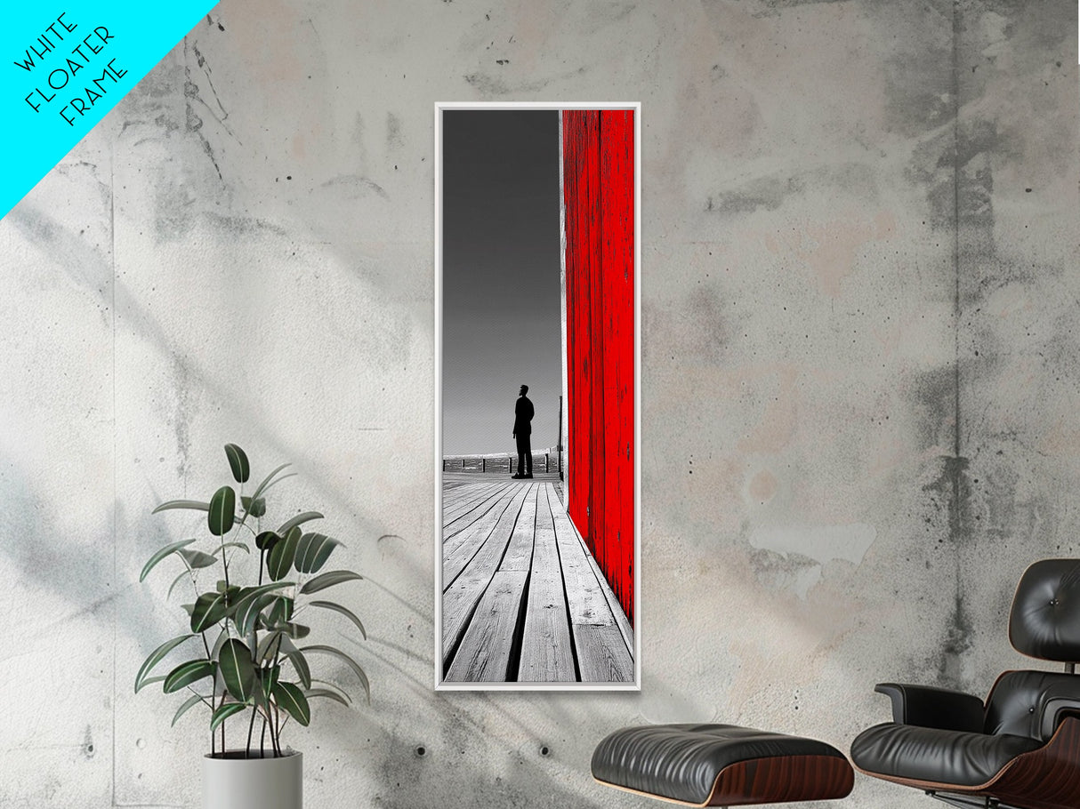 Man Silhouette, Red Wall, Boardwalk Contrast, Minimal Scene, Framed Canvas Print, Urban Wall Art, Modern Decor, Office Accent Piece