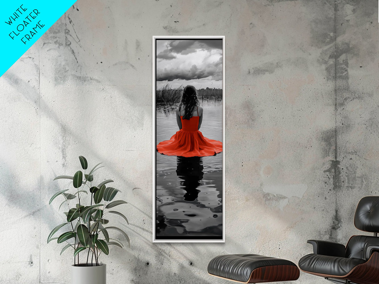 Woman in Red, Serene Lake, Moody Reflections, Dramatic Art Scene, Canvas Print, Bedroom Wall Art, Romantic Decor, Adventure Themed Ar