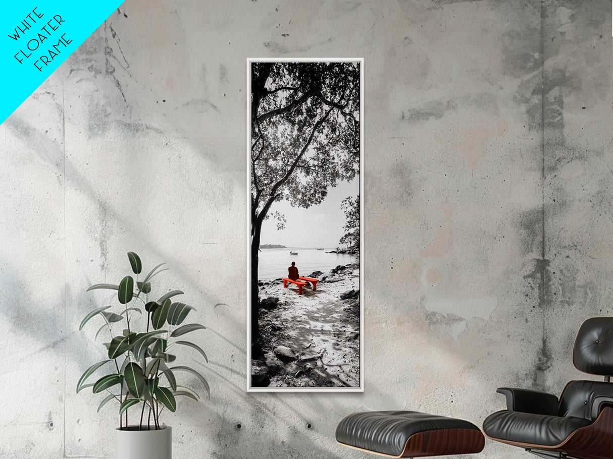Lonely Figure, Red Bench, Reflective Scene, Peaceful Beach Wall Art, Framed Canvas Print, Black and White Photography, Zen Room Decor