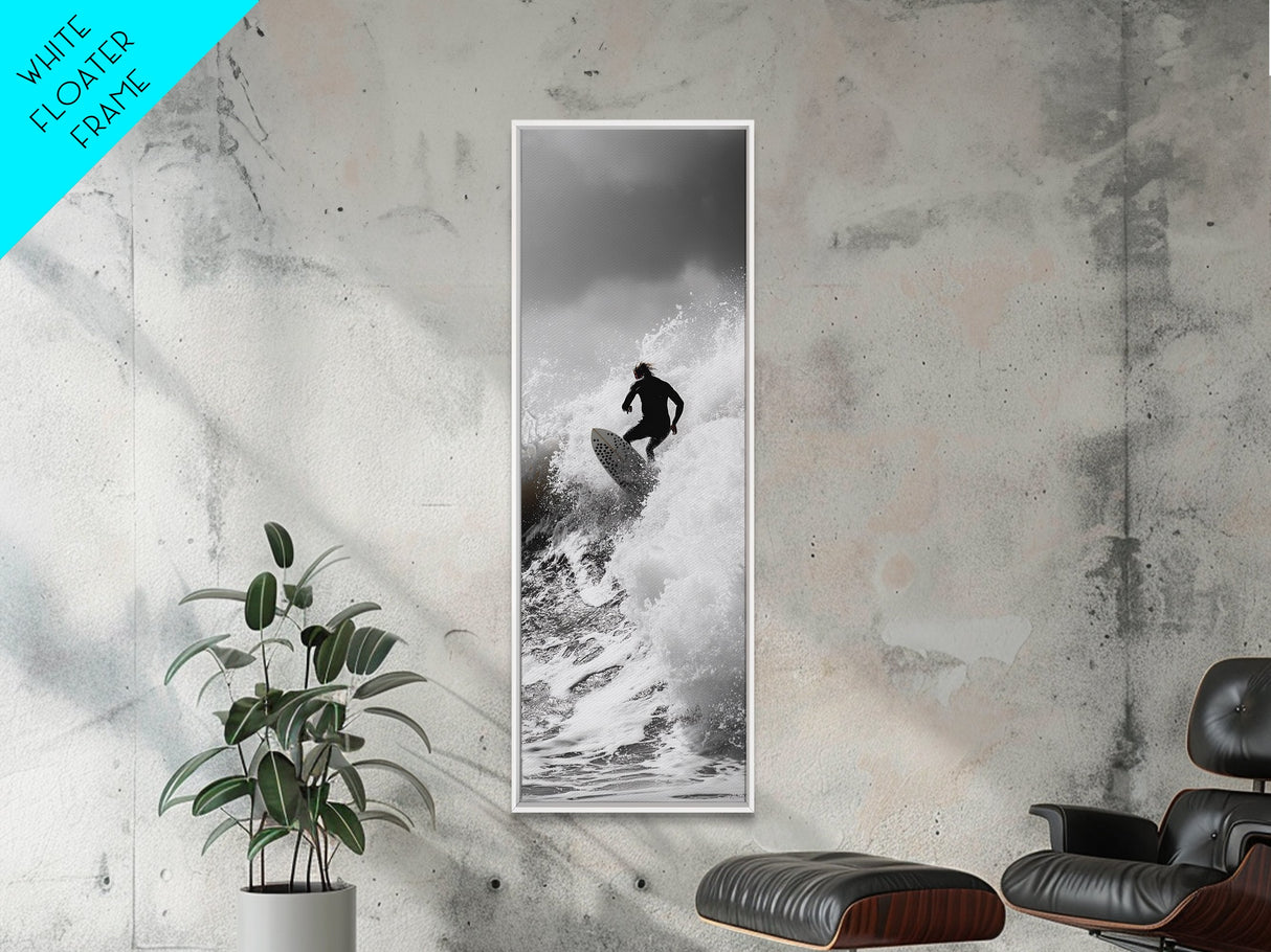 Surfer Wave, Extreme Sports, Ocean Power, Surf Culture, Dynamic Motion Shot, Framed Canvas Print, Coastal Teen Bedroom Wall Art