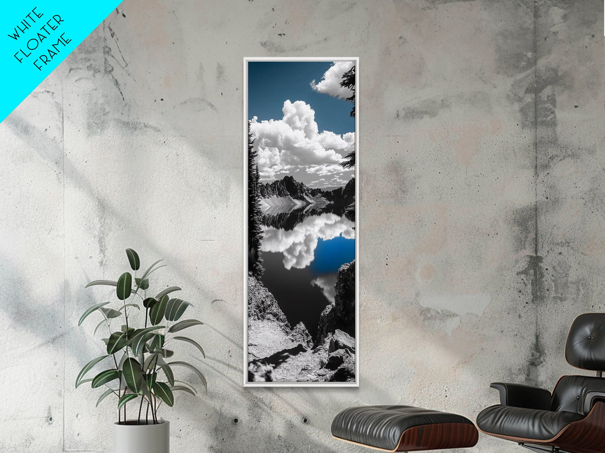 Reflected Clouds, Blue Sky, Mountain Lake, Wilderness Escape, Scenic Nature Art, Framed Canvas Print, Tranquil Office Wall Decor