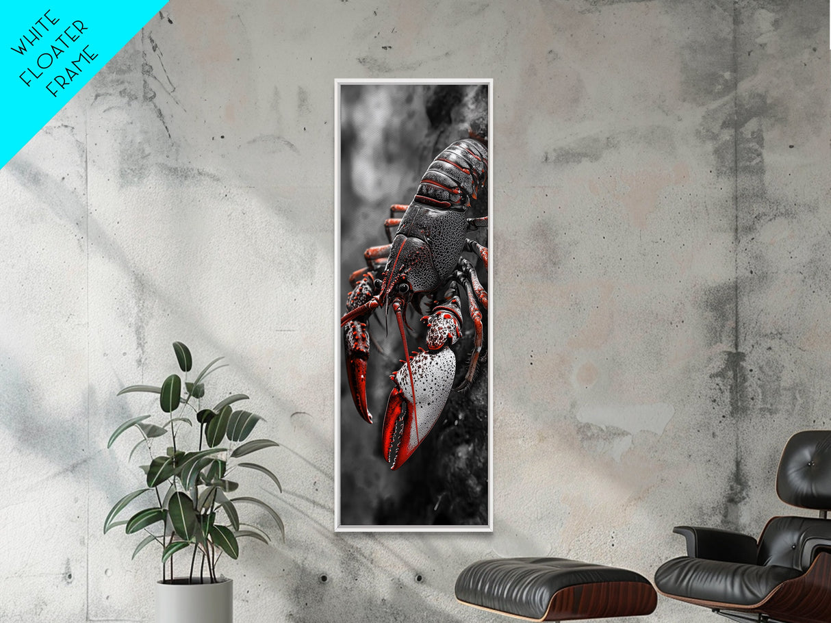 Red Lobster, Detailed Sea Art, Macro Crustacean, Dark Marine Art, Striking Coastal Piece, Framed Canvas Print, Moody Office Wall Decor