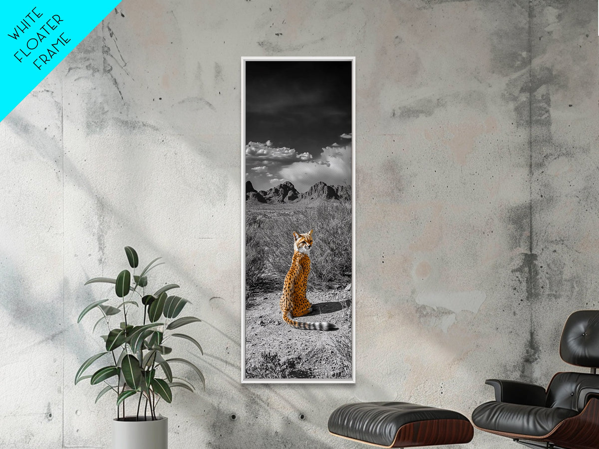 Wild Serval, Desert Cat, Savannah Wildlife, Majestic Predator, Framed Canvas Print, Safari Theme Living Room Wall Art, Modern Nature Decor