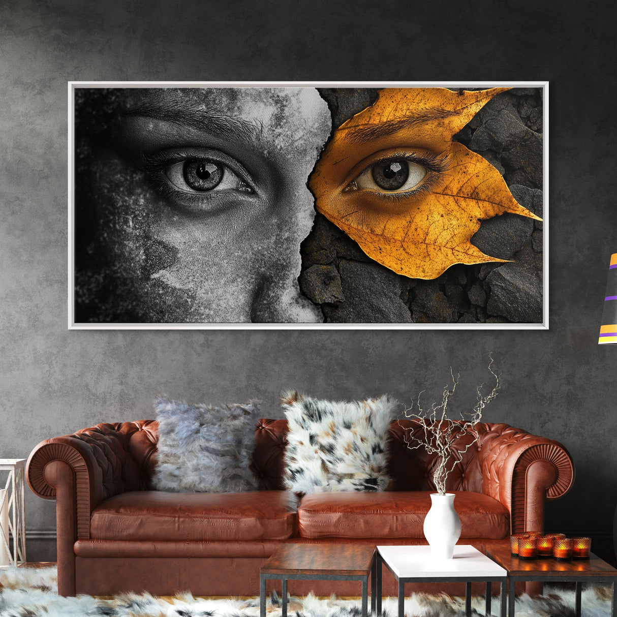 Eyes, Autumn, Leaves, Emotional duality in surreal leaf-face art on this Framed Canvas Print, Fall Decor and Unique Modern Living Room Art