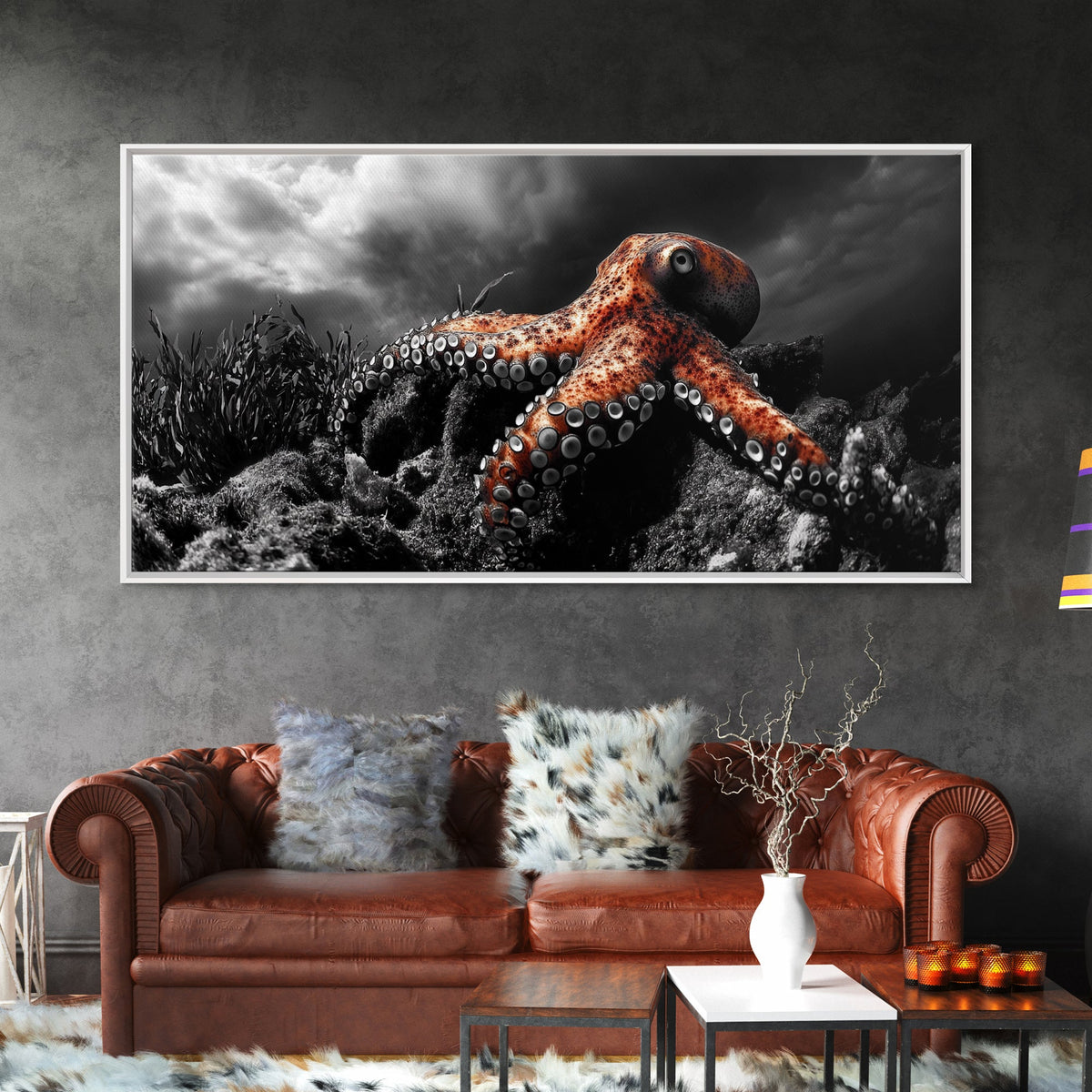 Octopus Ocean, Sea Creature Art, Deep Sea Wall Art, Marine Decor, Framed Canvas Print, Bathroom Wall Art, Moody Nautical, Coastal Vibes