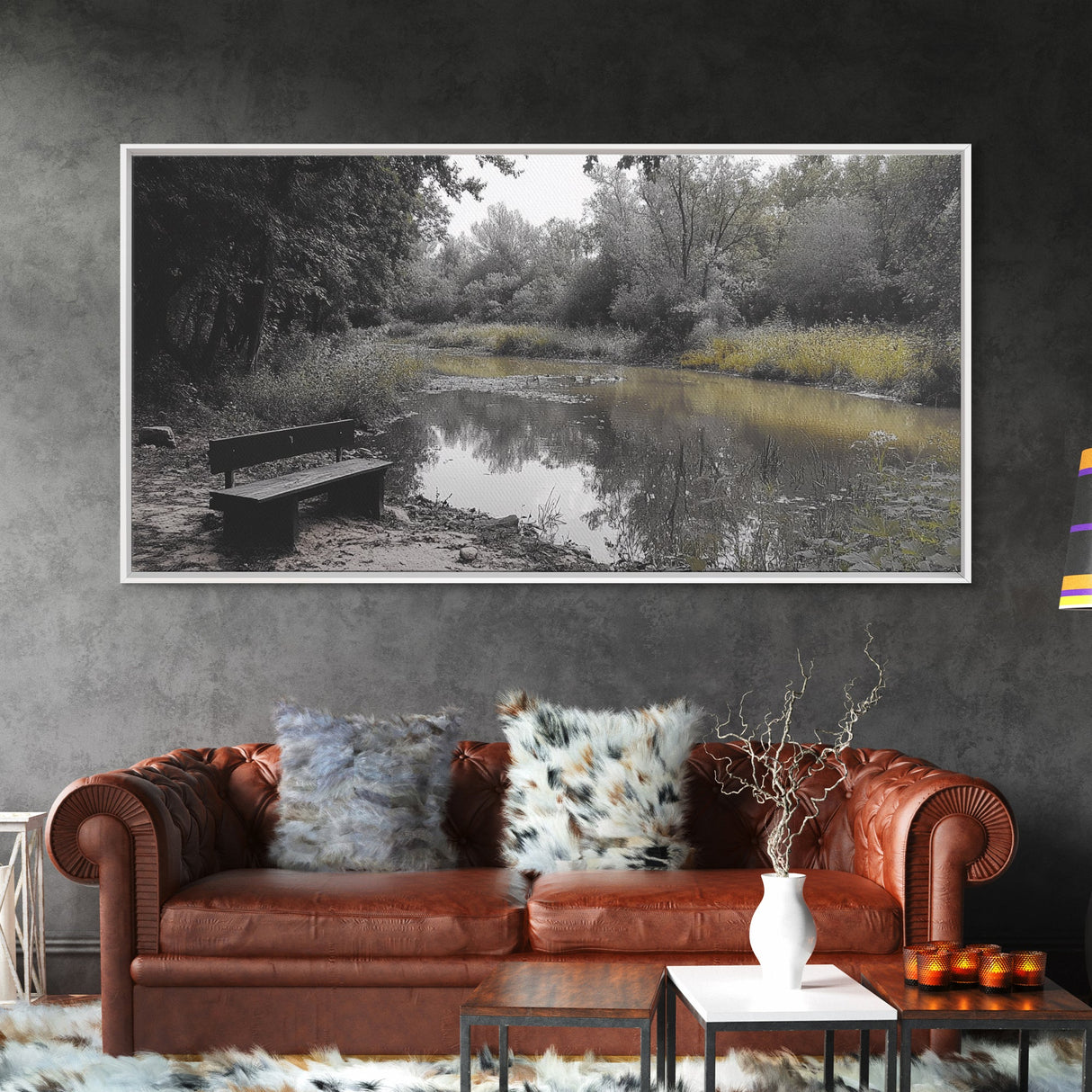 Tranquil Forest, Peaceful Pond, Autumn Riverbank, Framed Canvas Print, Nature Photography, Entryway Art, Fall Vibes, Rustic Wall Decor