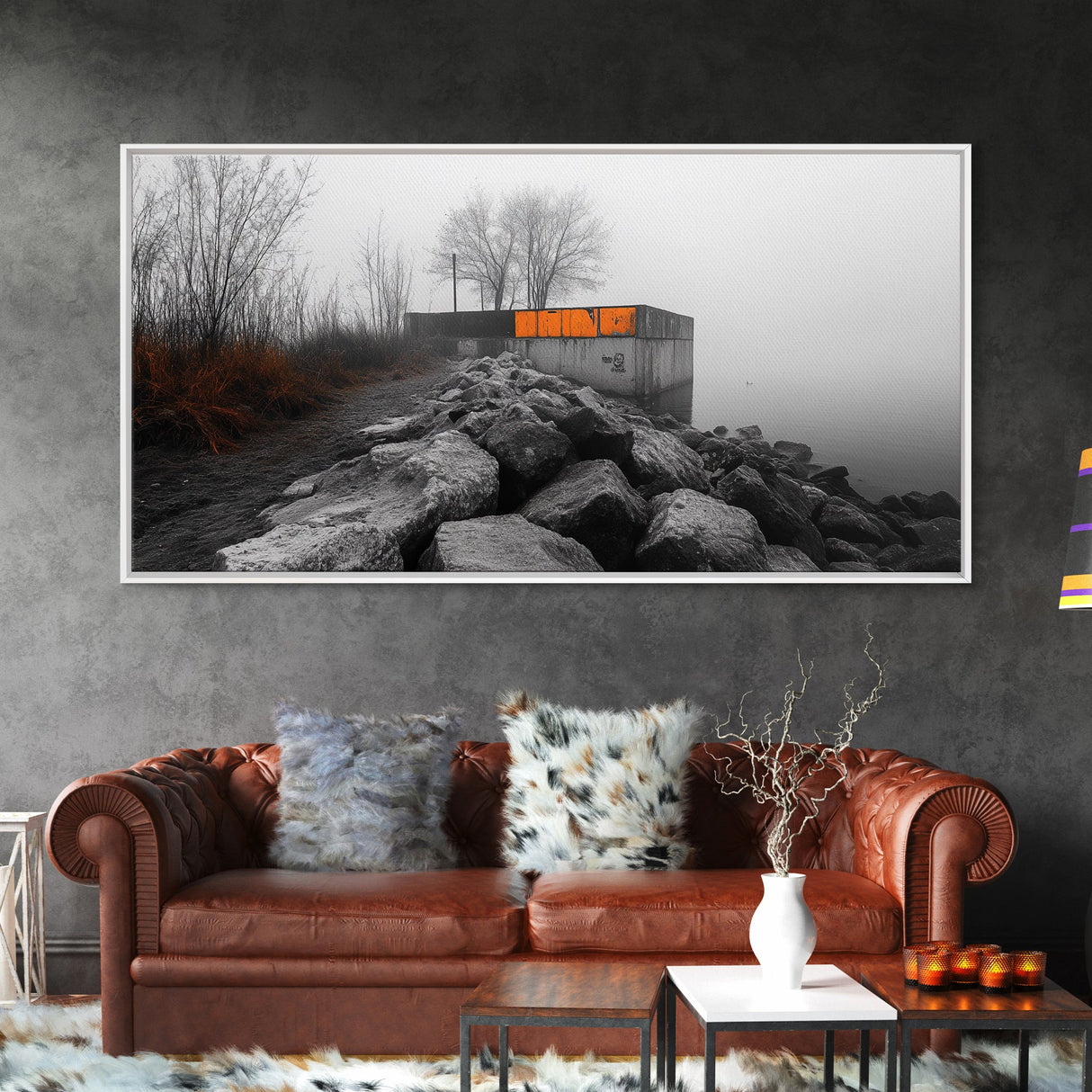 Fog Wall, Concrete Graffiti, Misty Lake Path, Framed Canvas Print, Urban Nature Blend, Moody Art, Hallway Decor, Modern Grayscale Style