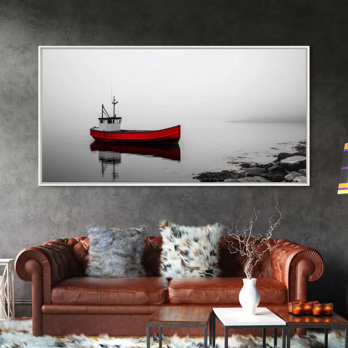 Red Boat, Calm Water, Minimalist Decor, Ocean Scene, Living Room Wall Art, Coastal Style, Canvas Print, Modern Nautical, Serene Landscape