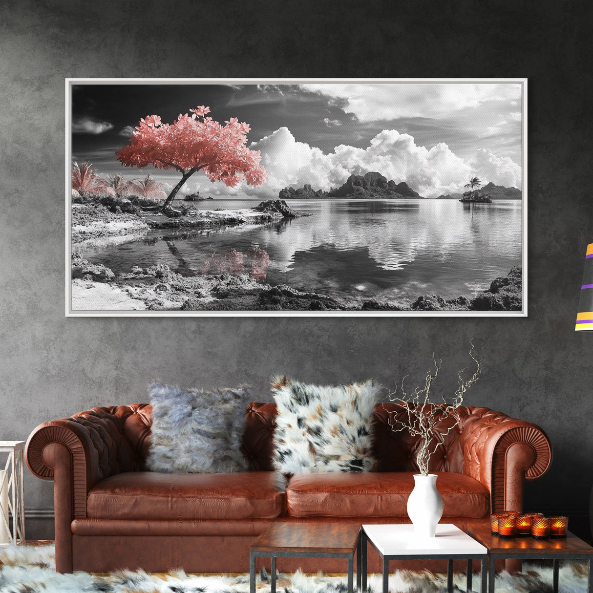Pink Tree, Island Dreams, Serene Water, Tropical Sky, Framed Canvas Print, Boho Wall Art, Bedroom Decor, Black and White Landscape