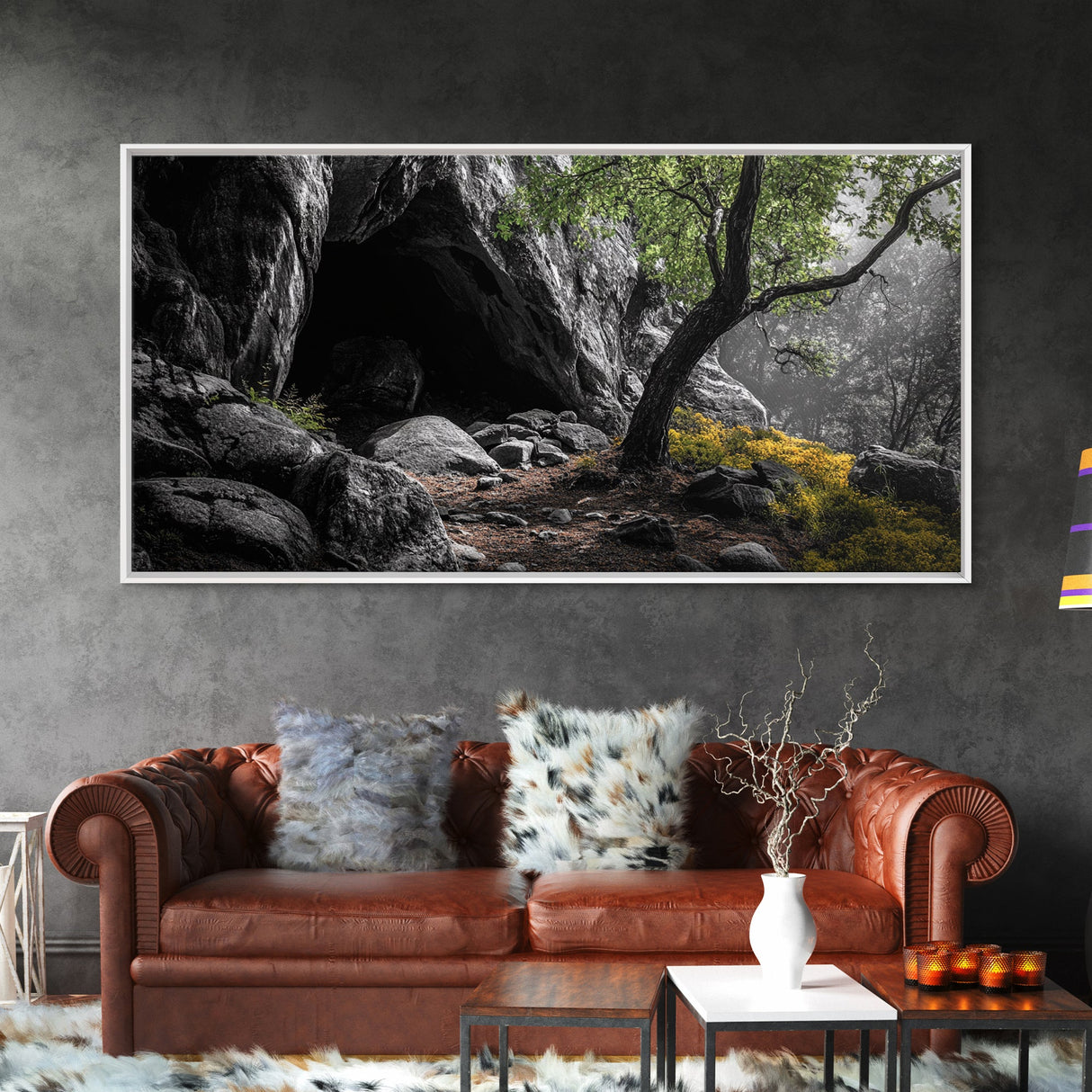 Forest Cave, Green Tree, Yellow Wildflowers, Peaceful Nature, Framed Canvas Print, Rustic Wall Decor, Cabin Living Room Art, Landscape