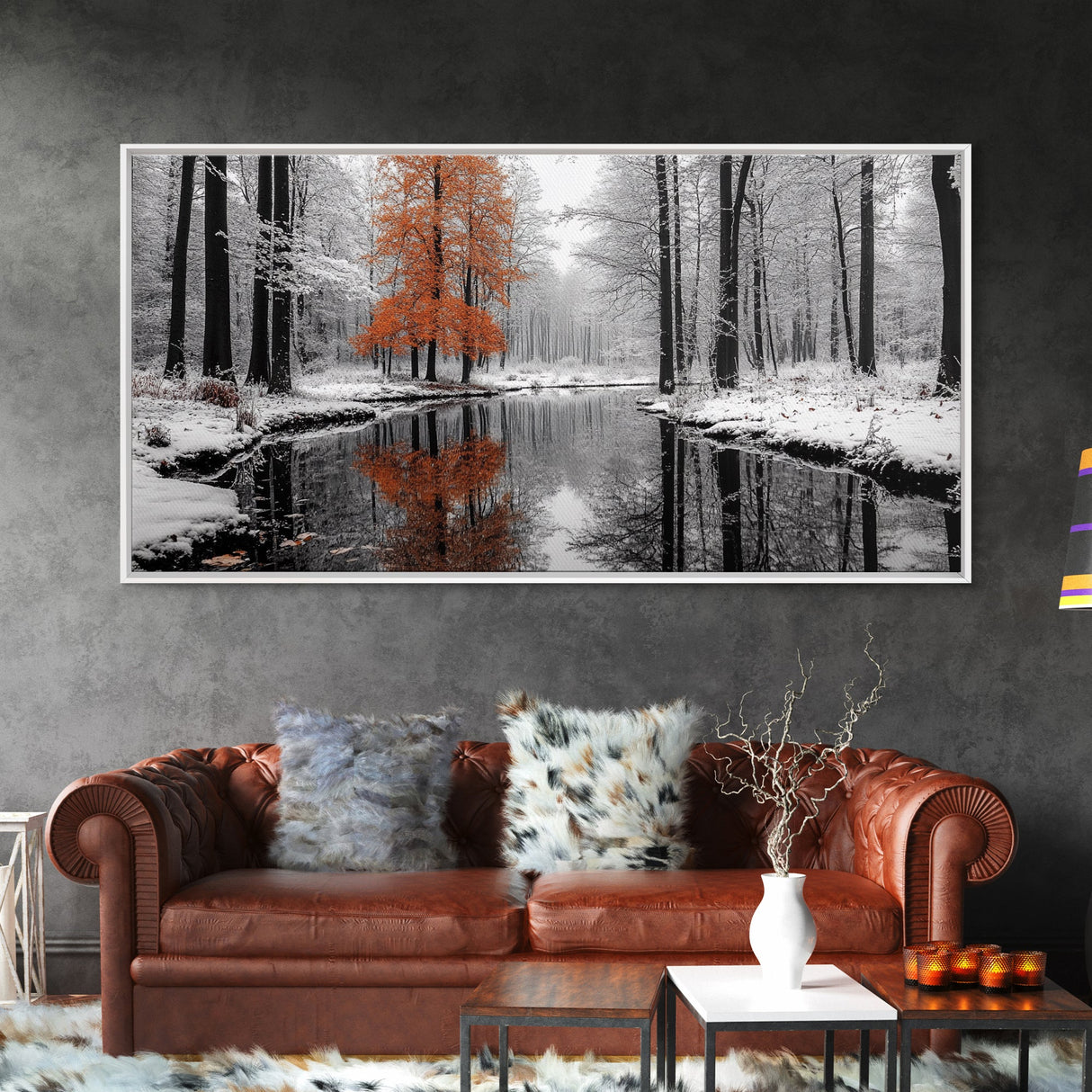Orange Tree, Snow Forest, Winter River, Autumn Contrast, Canvas Print, Fall Wall Decor, Living Room Art, Nature Photography, Moody Art