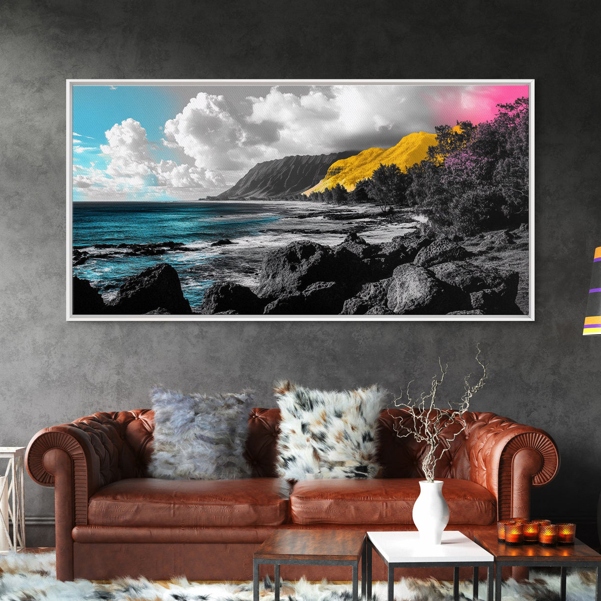 Vibrant Coastline, Yellow Cliff, Blue Ocean, Tropical Escape – Framed Canvas Print, Beach Wall Art, Boho Decor, Hawaii Inspired Room Vibe