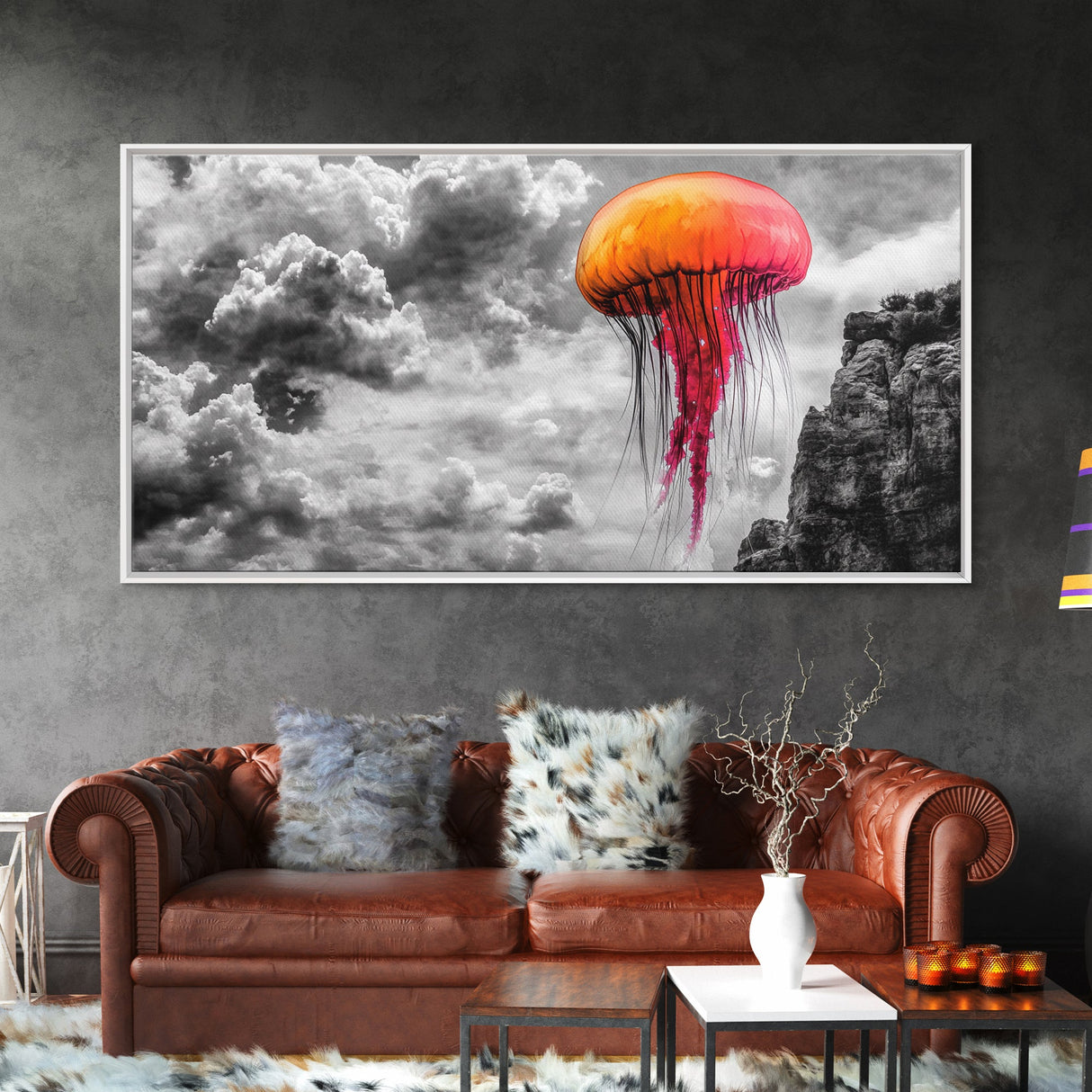 Orange Jellyfish, Floating Creature, Surreal Sky, Dreamlike Scene – Canvas Print, Nautical Wall Art, Living Room Piece, Ocean Fantasy
