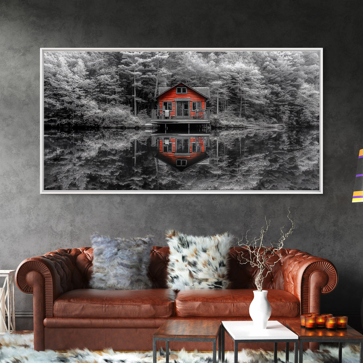 Red Cabin, Lake Reflection, Autumn Escape, Forest Retreat, Framed Canvas Print, Rustic Wall Art, Cabin Decor, Fall Living Room Artwork