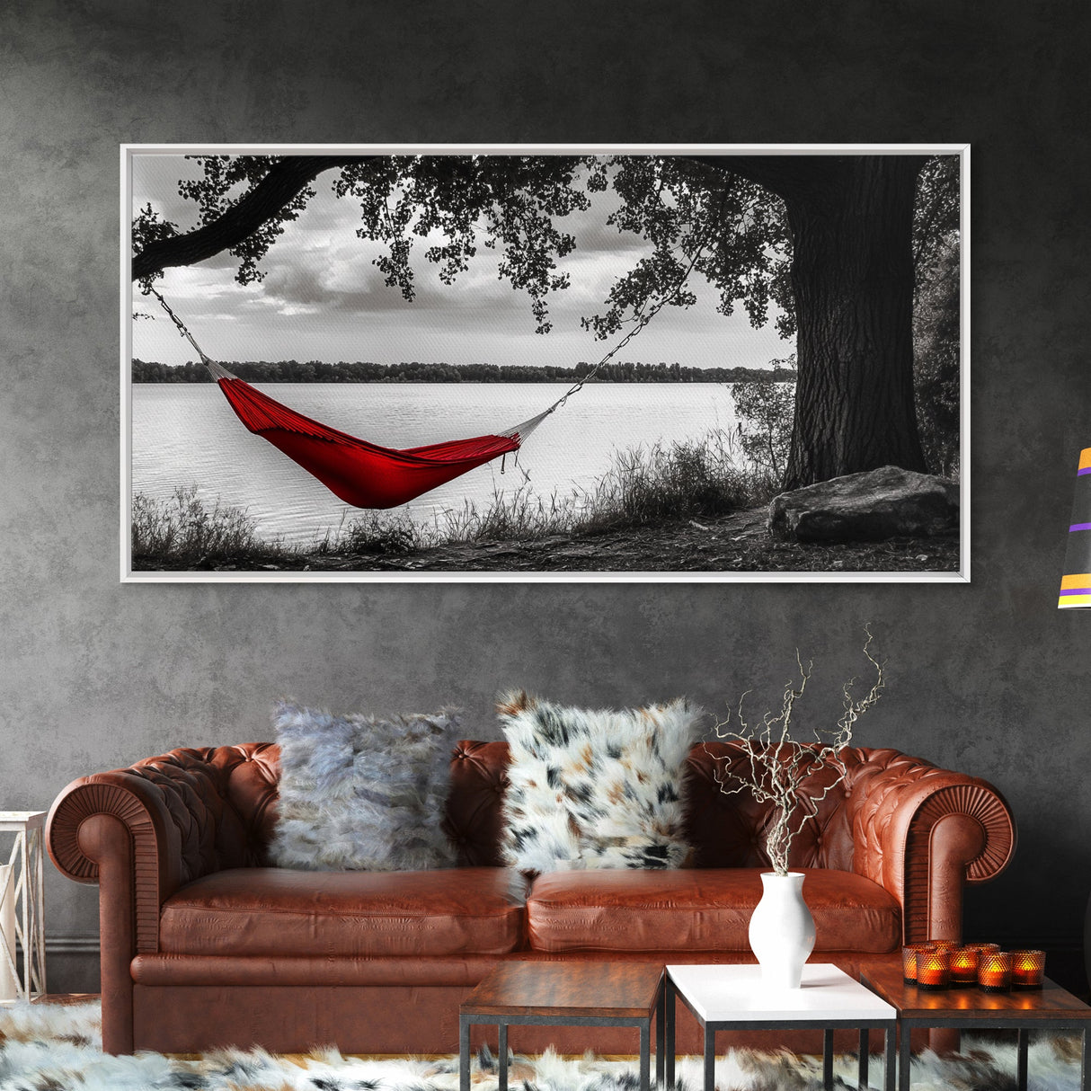 Red Hammock, Lakeside View, Tranquil Nature, Tree Shade, Framed Canvas Print, Boho Wall Art, Bedroom Decor, Relaxing Forest Landscape