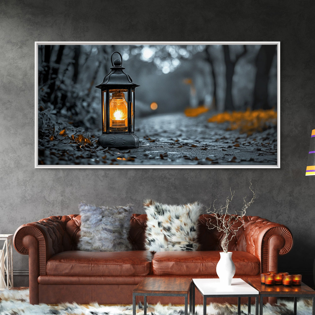 Lantern Glow, Forest Trail, Autumn Leaves, Soft Light, Framed Canvas Print, Fall Wall Art, Rustic Entryway Decor, Nature Photography Print