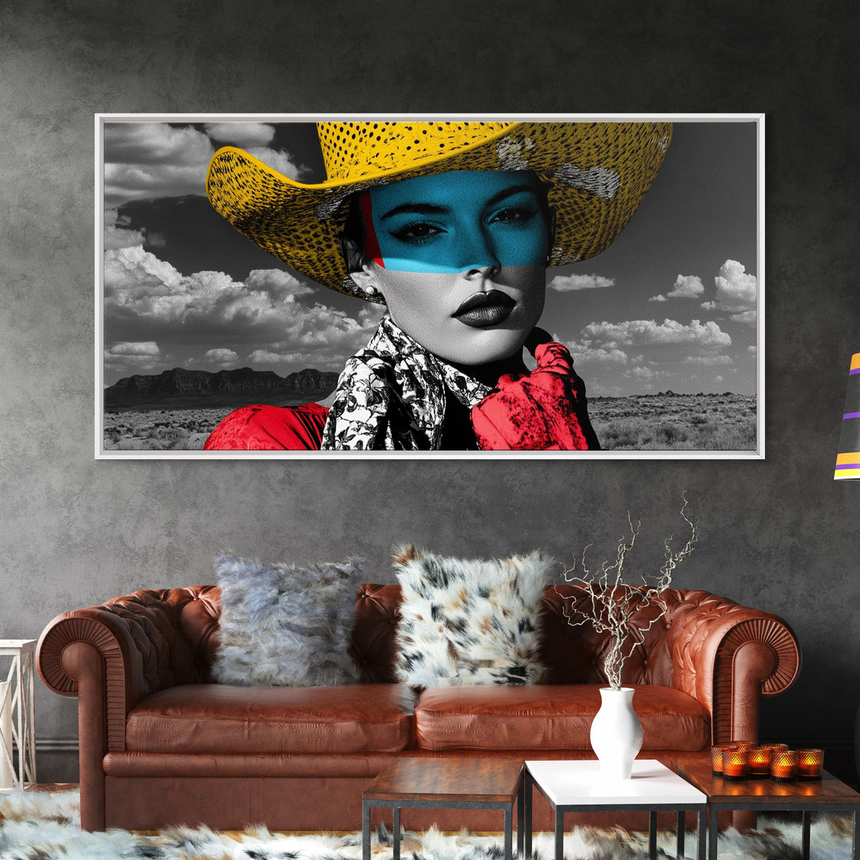 Western Woman, Yellow Hat, Desert Portrait, Fashion Pop Art, Framed Canvas Print, Bold Bedroom Wall Art, Glam Western Wall Decor