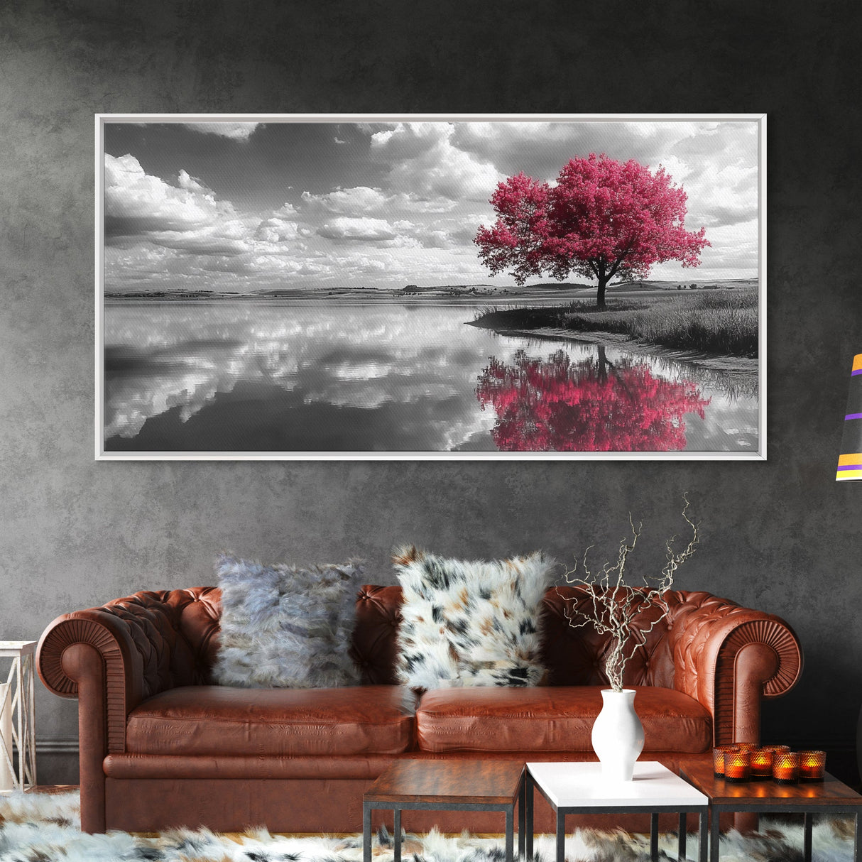 Pink Tree Reflections, Minimal Nature Art, Monochrome Landscape Canvas Print, Tranquil Bedroom or Living Room Wall Decor