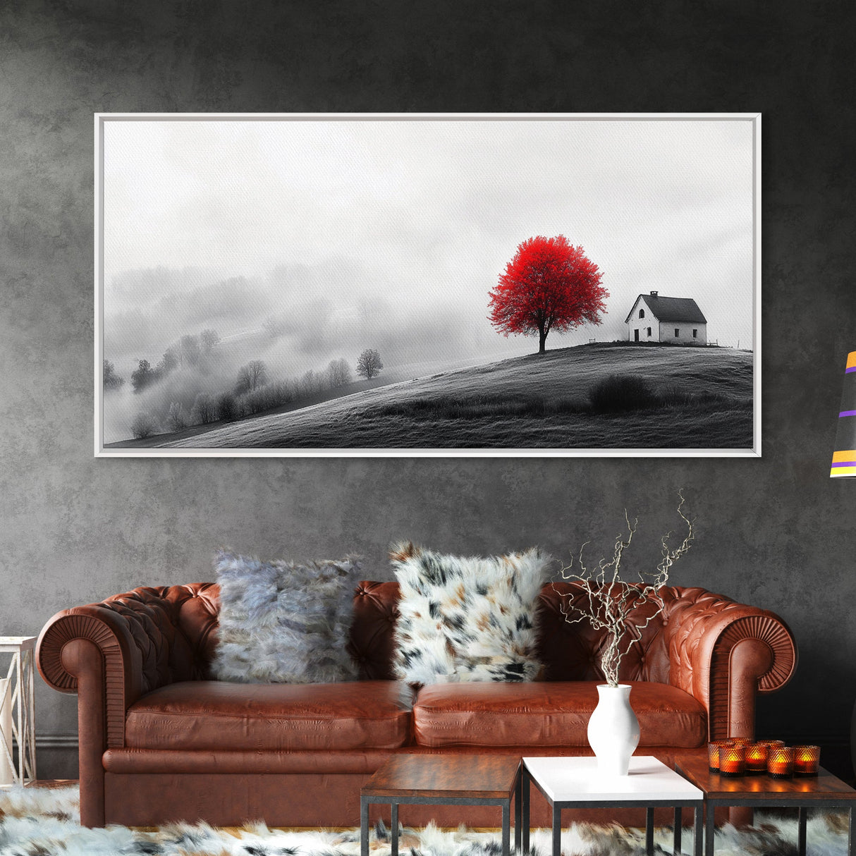 Red Tree Hilltop, Serene Winter Landscape, Peaceful Country Decor, Misty Morning Wall Art, Framed Canvas Print, Minimalist Bedroom Art