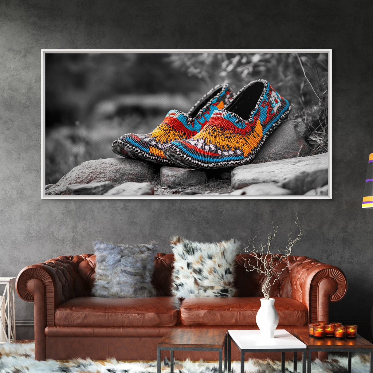 Native Beaded Shoes, Color Pop, Bohemian Style, Tribal Art, Framed Canvas Print, Rustic Wall Art, Entryway Decor, Ethnic Home Accent
