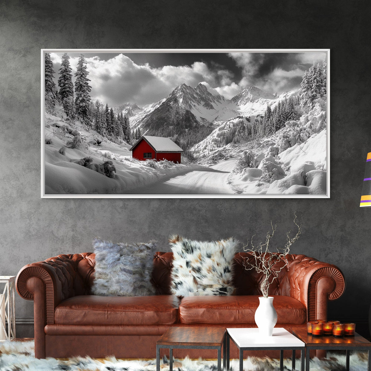 Red Cabin, Winter Mountains, Snow Forest, Canvas Print, Christmas Wall Art, Rustic Lodge Decor, Landscape Photography, Bedroom Art