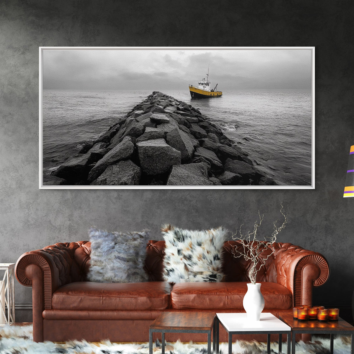 Ship At Sea, Yellow Boat, Ocean Journey, Nautical Photography, Canvas Print, Coastal Wall Art, Bathroom Decor, Minimalist Ocean Art