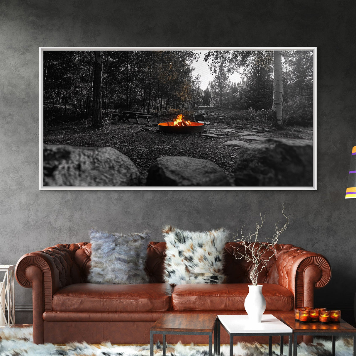 Forest Campfire, Glowing Flames, Outdoor Retreat, Cozy Autumn, Framed Canvas Print, Rustic Wall Decor, Fall Living Room Art, Nature Scene