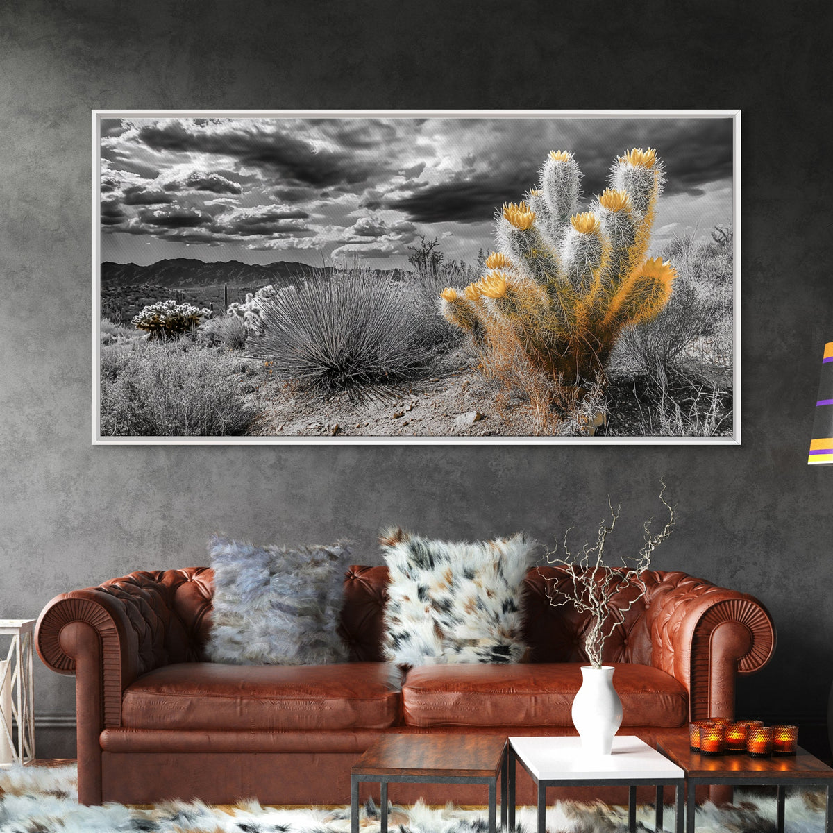 Golden Bloom Cactus, Desert Storm Landscape, Framed Canvas Print, Rustic Decor, Boho Western Art, Entryway Wall Art, Autumn Style