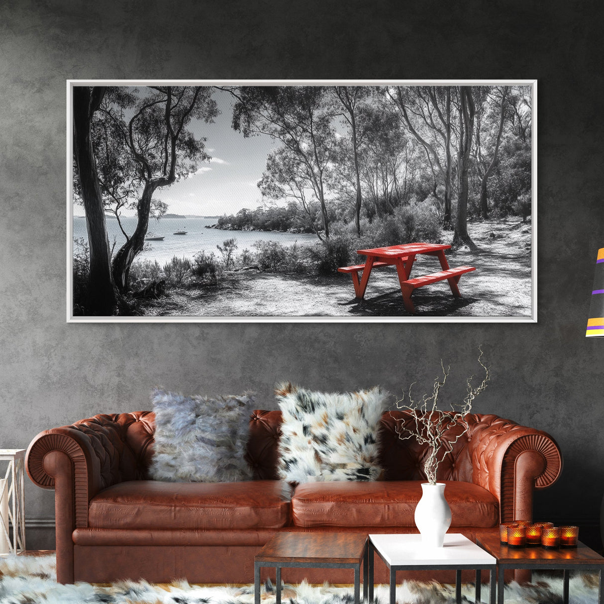 Red Picnic Table, Lakeside Spot, Forest Escape, Outdoor Moment, Framed Canvas Print nature wall art, rustic cabin decor, adventure print