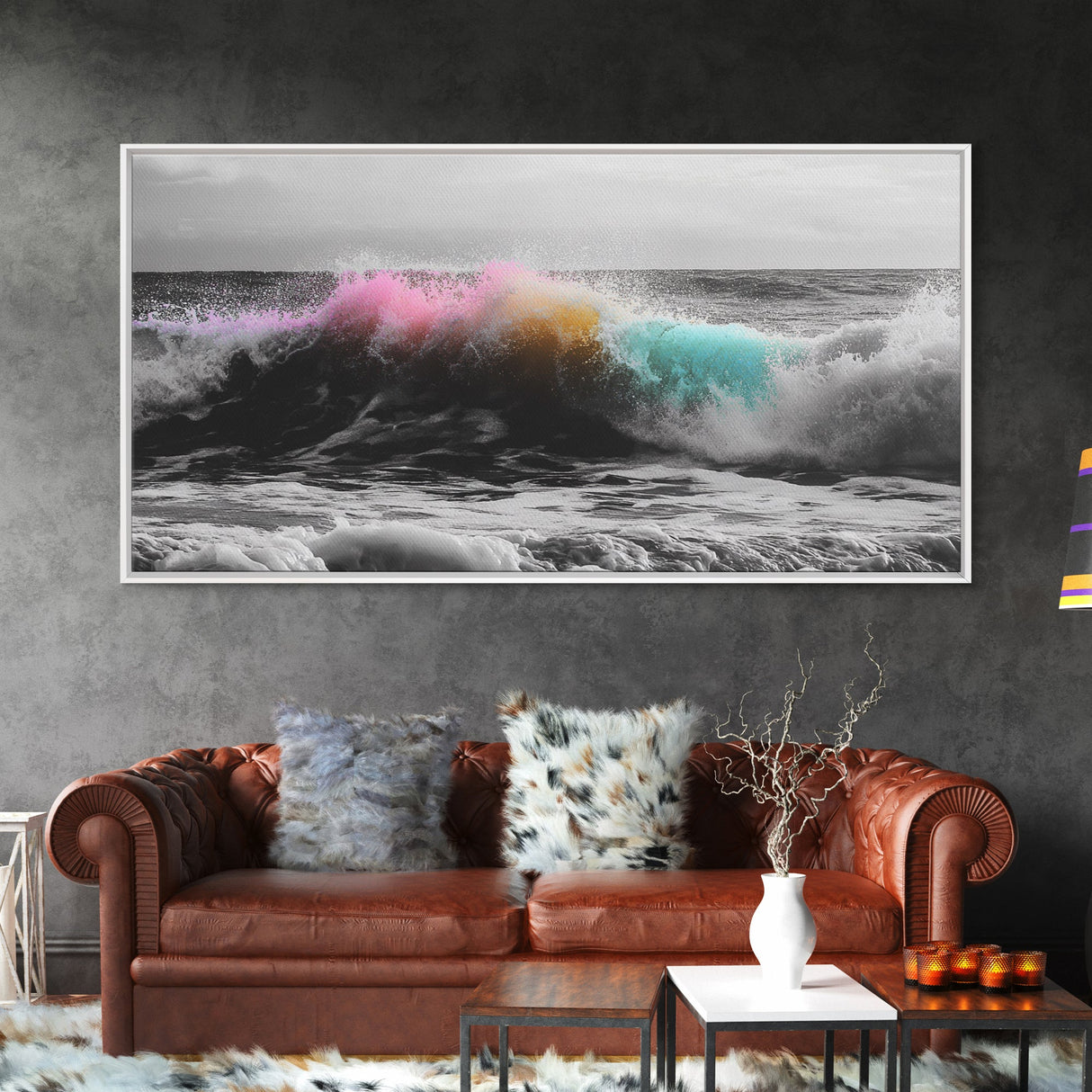 Rainbow Ocean Wave, Vibrant Sea Spray Art, Color Explosion Surf, Framed Canvas Print, Bathroom Wall Art, Coastal Modern Abstract
