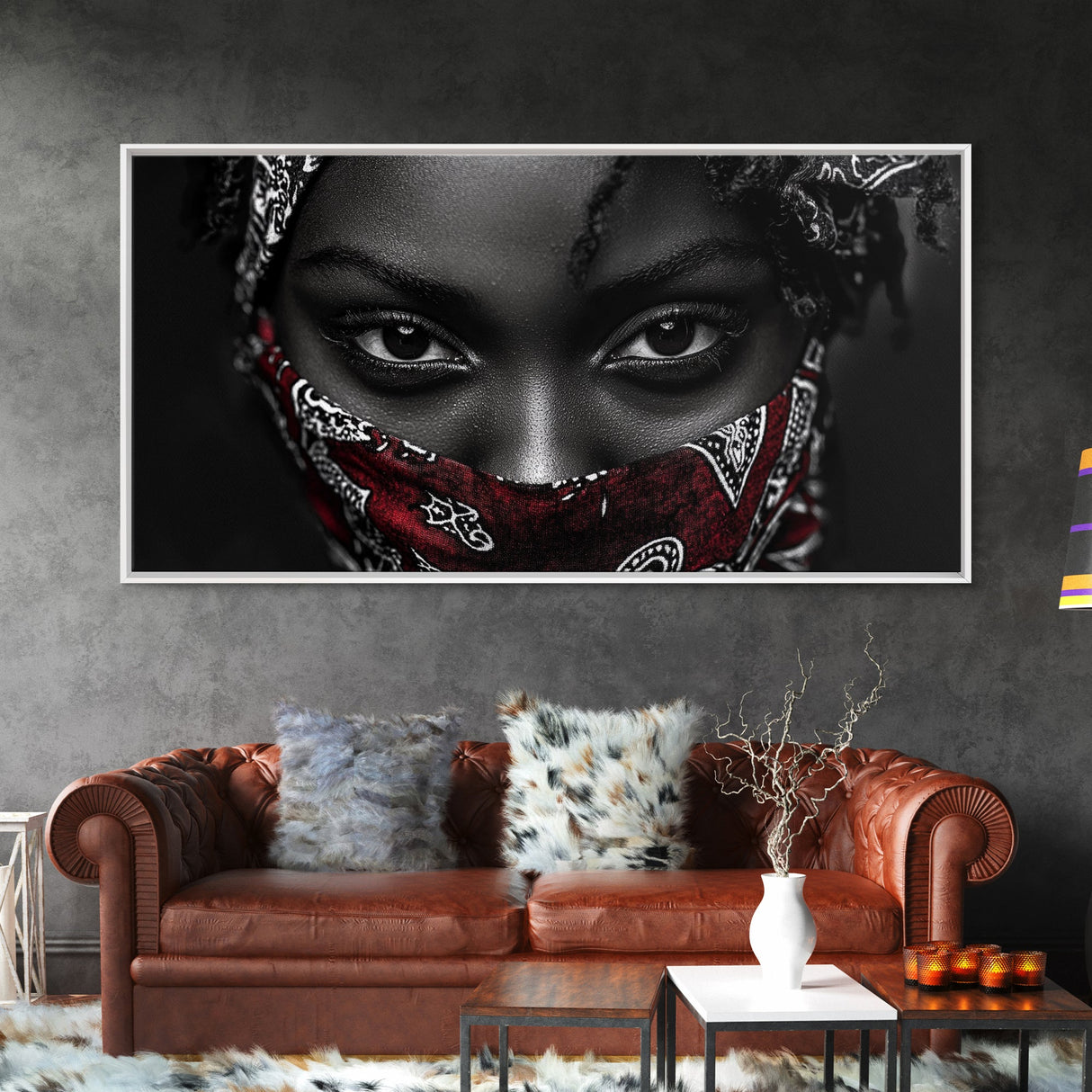 Fierce Eyes, Red Bandana, Bold Portrait, Afro Art, Framed Canvas Print, Bedroom Wall Art, Powerful Gaze, Monochrome With Red Accent