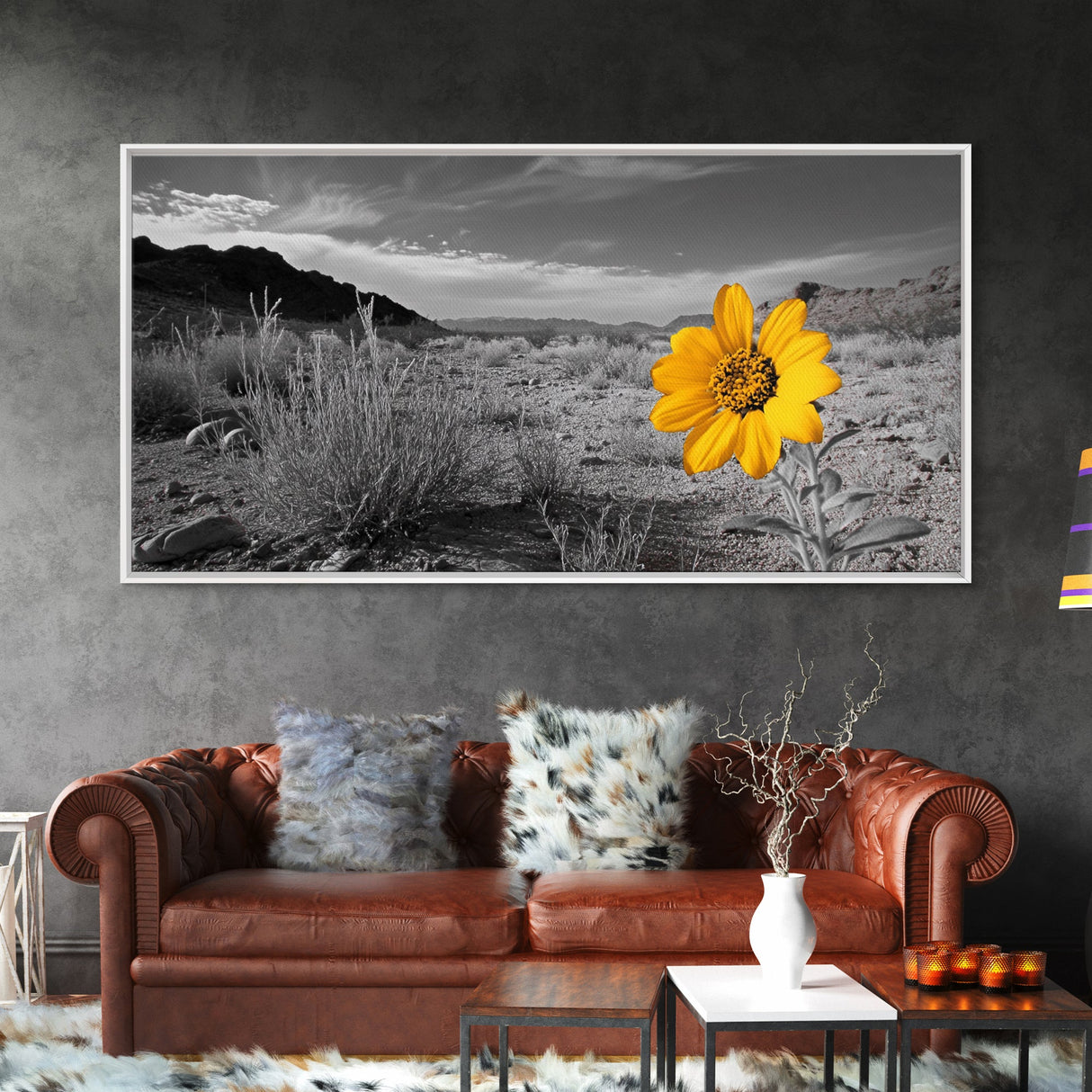 Yellow Flower, Desert Bloom, Monochrome Landscape, Canvas Print, Botanical Wall Art, Minimalist Nature Decor, Modern Kitchen Accent
