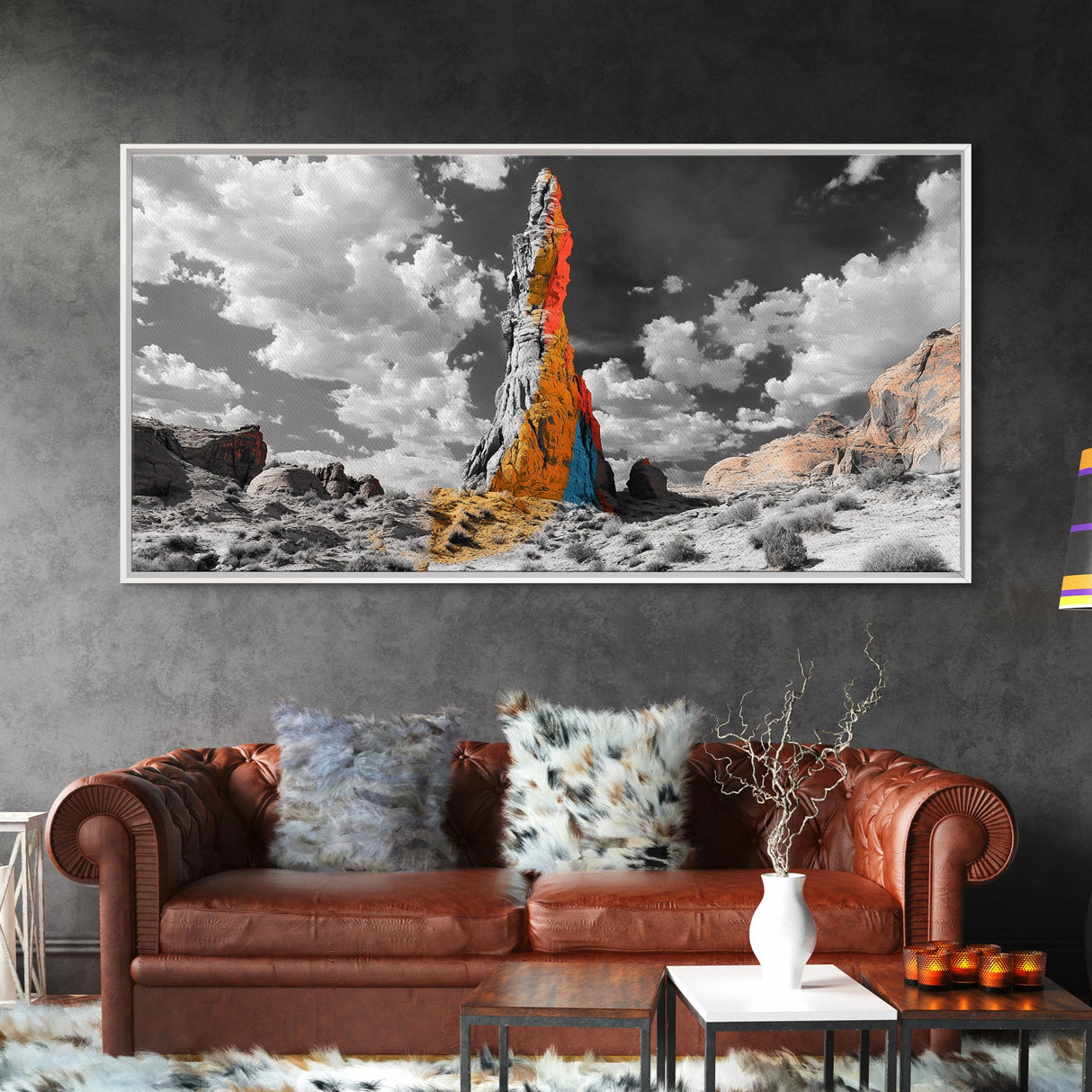 Color Rock Spire, Dramatic Sky, Desert Tower, Framed Canvas Print, Surreal Landscape Art, Southwest Decor, Living Room Adventure Vibe