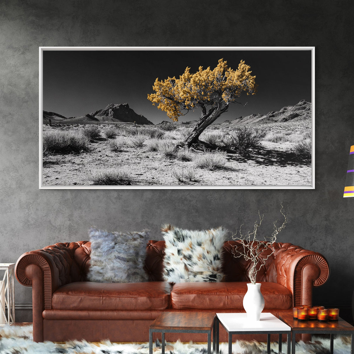 Golden Tree, Desert Landscape, Monochrome Background, Framed Canvas Print, Autumn Wall Art, Southwest Decor, Modern Boho Art Vibe