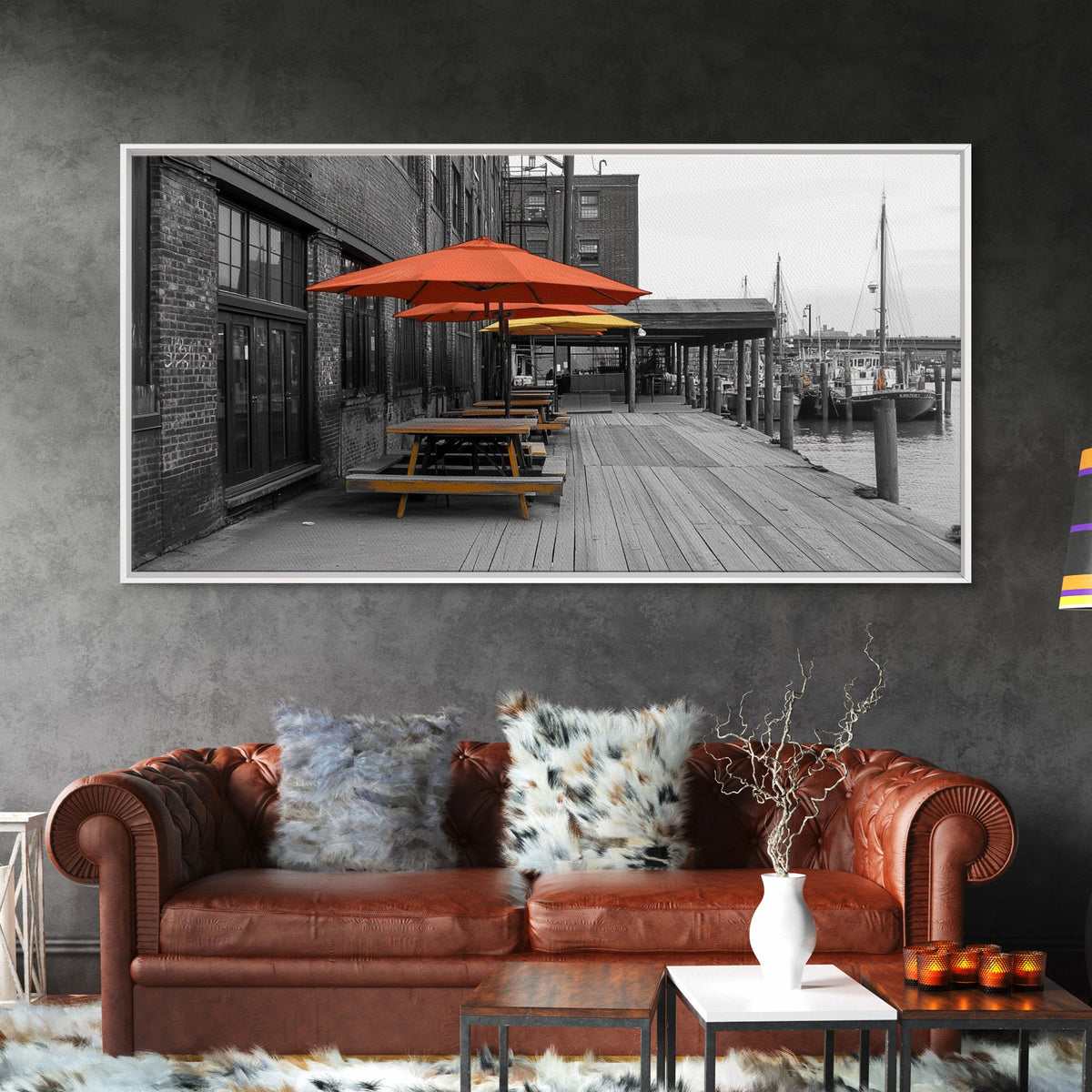 Urban Pier, Red Yellow Umbrellas, Waterfront Dining, Framed Canvas Print, Industrial Decor, Cafe Kitchen Wall Art, Cityscape Photography