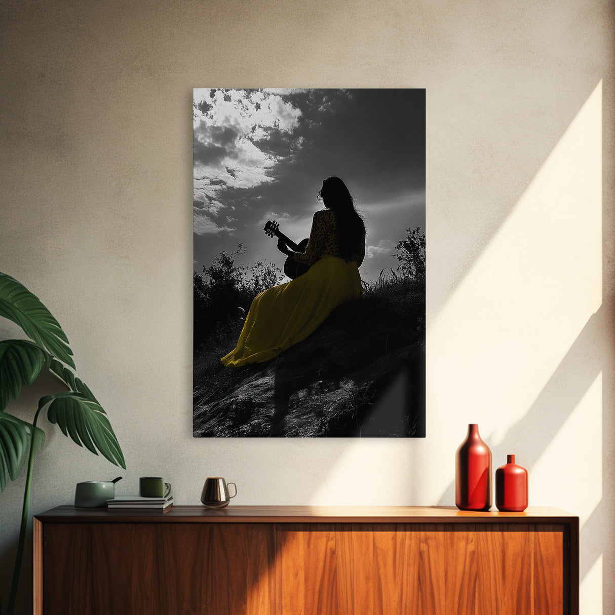 Yellow Dress, Guitar Girl, Sunset Silhouette Scene, Framed Canvas Print, Boho Music Lover Wall Art, Bedroom Fall Vibes Decor
