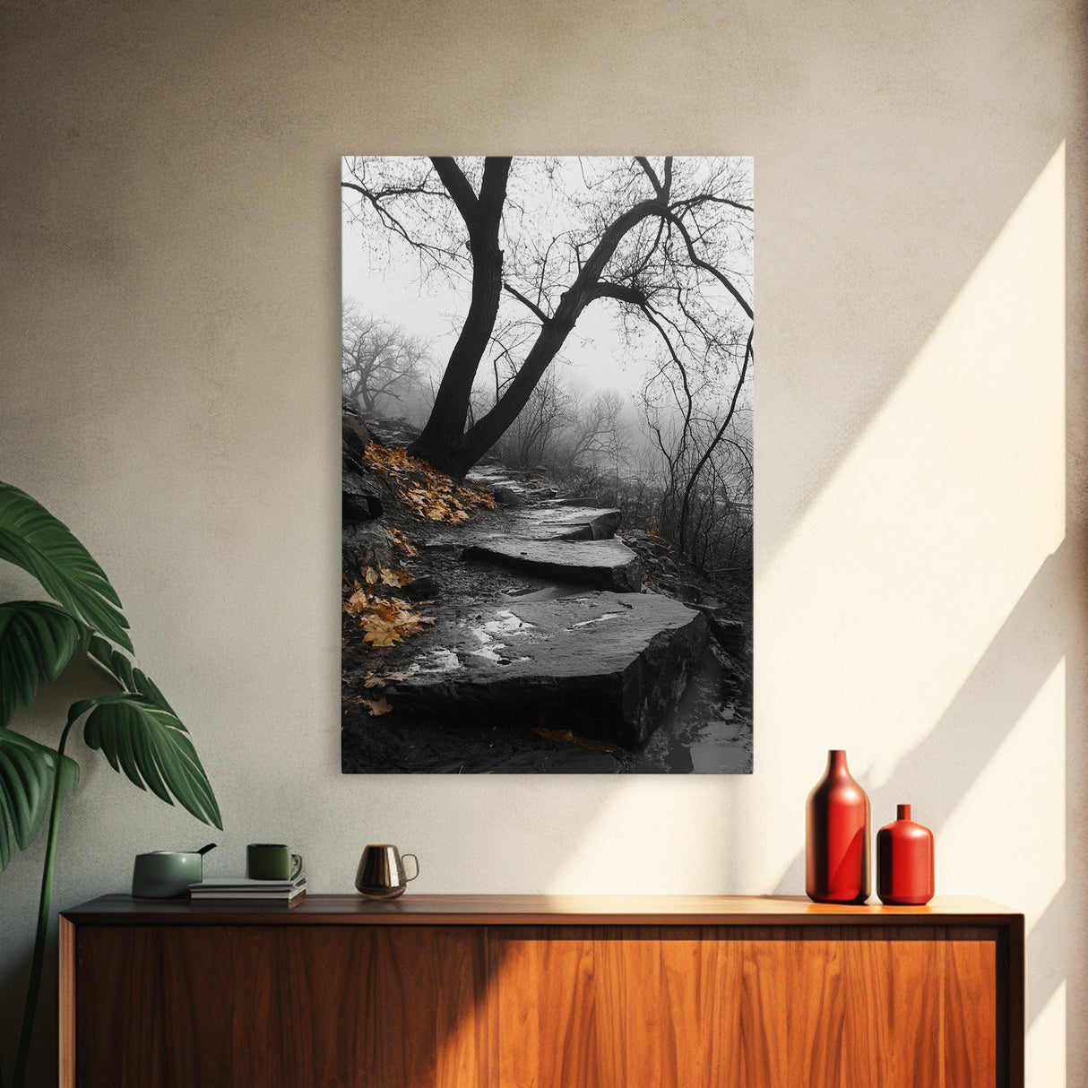 Stone Path, Autumn Trail, Moody Forest, Yellow Leaves, Canvas Print, Fall Nature Wall Art, Rustic Entryway Decor, Misty Woodland Scene