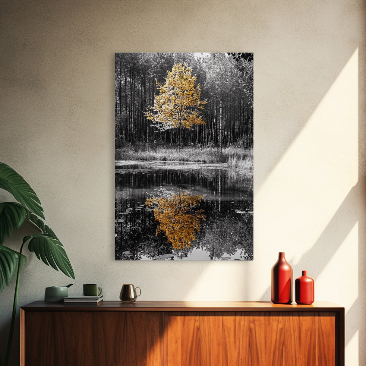 Golden Tree, Forest Reflection, Autumn Pond, Tranquil Waters, Canvas Print, Fall Nature Wall Art, Zen Bathroom Decor, Minimalist Art