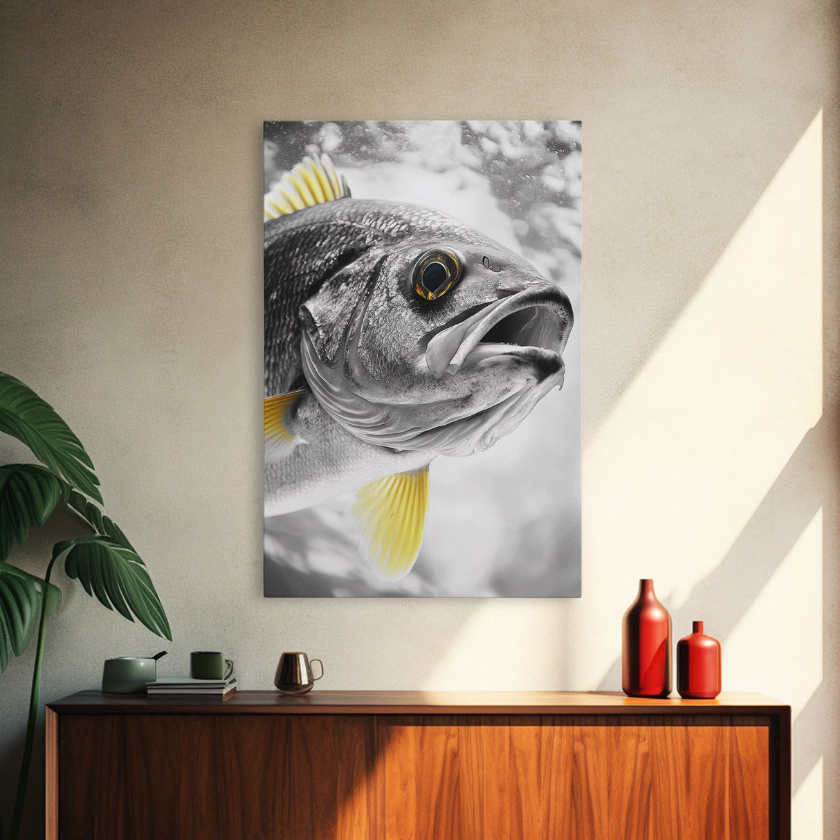 Golden Finned Fish, Underwater Wonder, Ocean Art, Framed Canvas Print, Coastal Wall Art, Bathroom Decor, Minimalist Marine Art