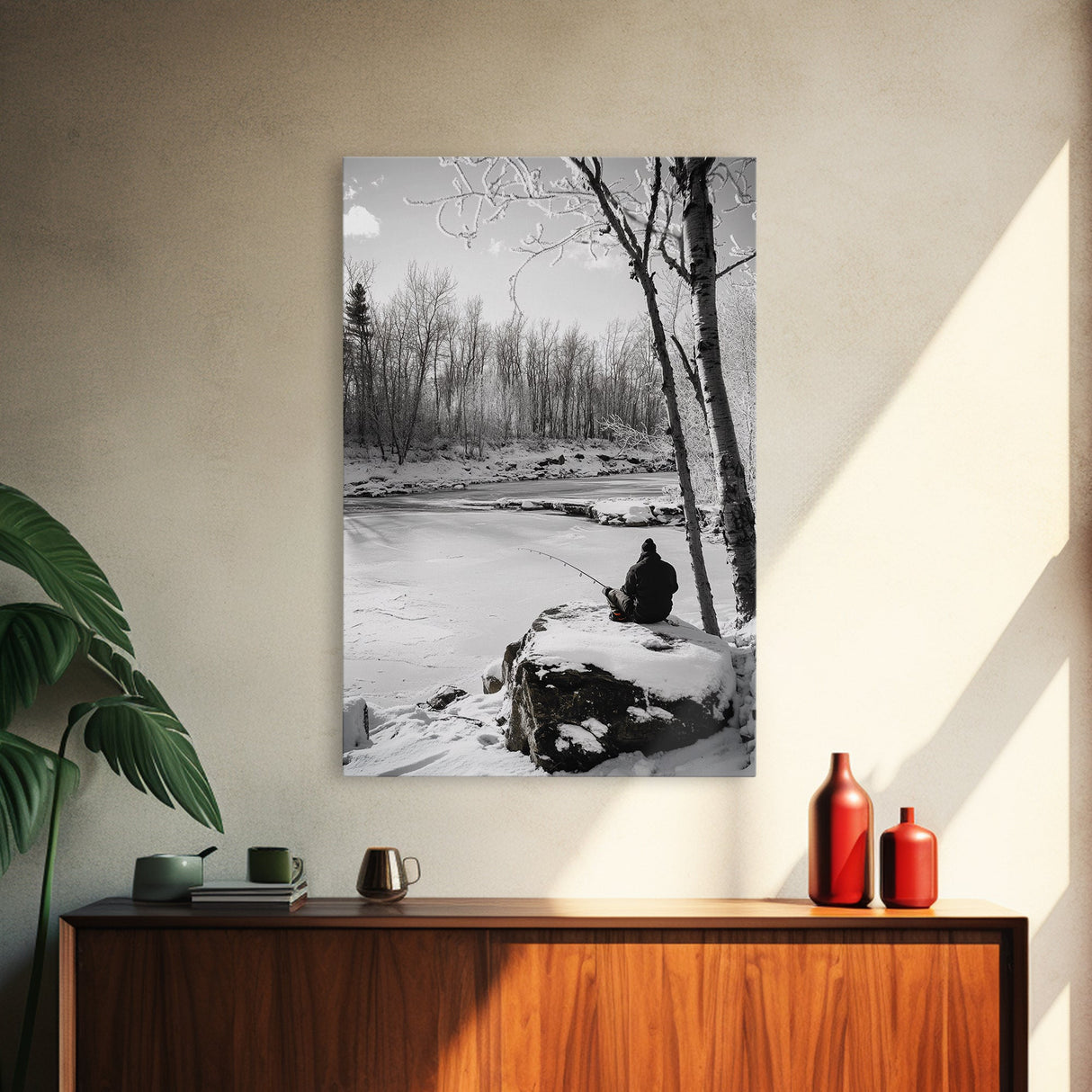 Winter Fishing, Snowy River, Peaceful Solitude, Canvas Print, Cabin Wall Art, Rustic Outdoor Decor, Black White Nature Photography