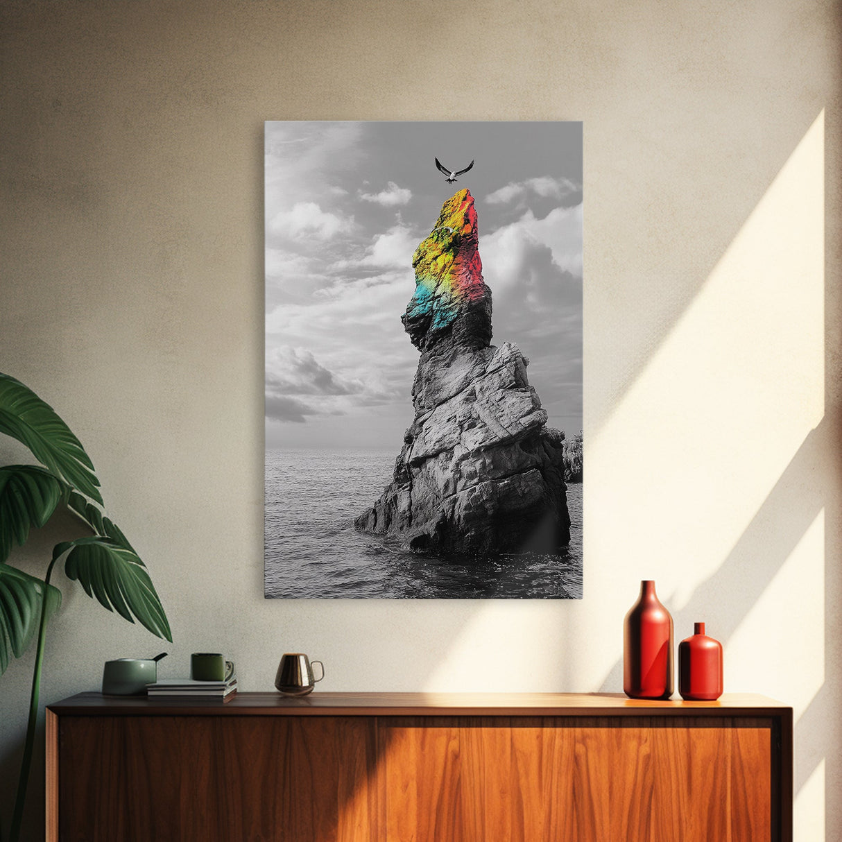 Rainbow Cliff, Soaring Bird, Ocean Rock Scene, Canvas Print, Nature Adventure Wall Art, Vibrant Seascape Decor, Coastal Living Accent