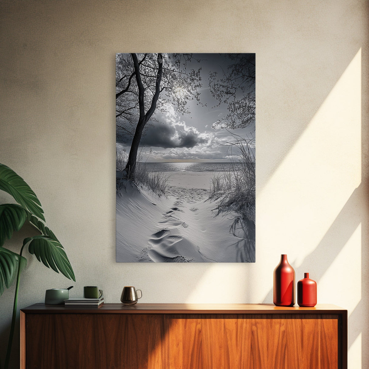 Beach Dunes Sunset, Seaside Escape, Quiet Shore Path, Coastal Calm, Framed Canvas Print, neutral coastal art, bathroom wall decor
