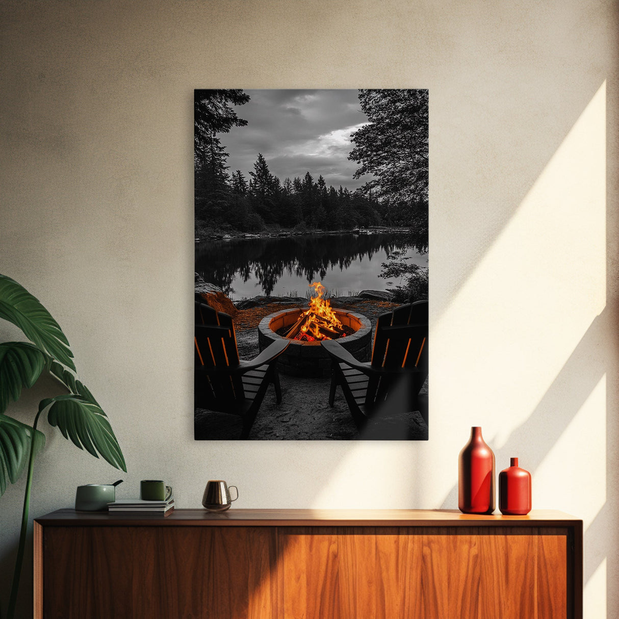 Campfire Chairs Lake, Autumn Firepit Scene, Rustic Retreat, Cabin Escape, Framed Canvas Print, cozy wall art, man cave cabin decor