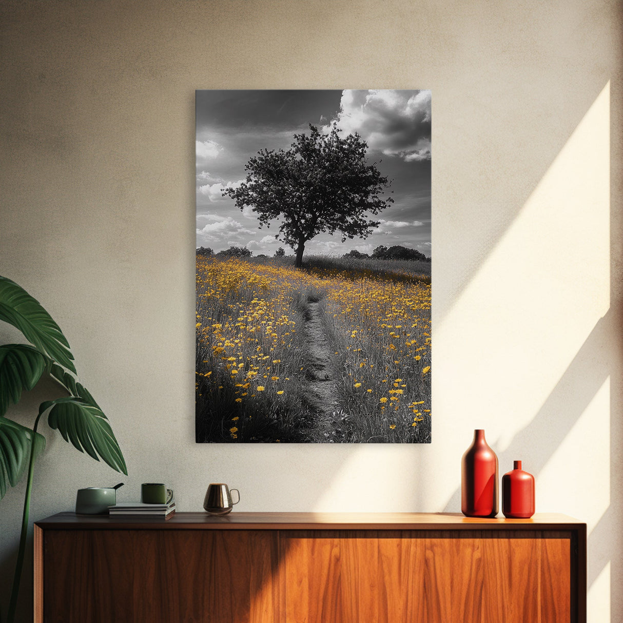 Yellow Meadow, Tree Path, Sunny Flowers, Autumn Framed Canvas Print, Field Landscape Wall Art, Nature Lover Decor, Boho Fall Vibes