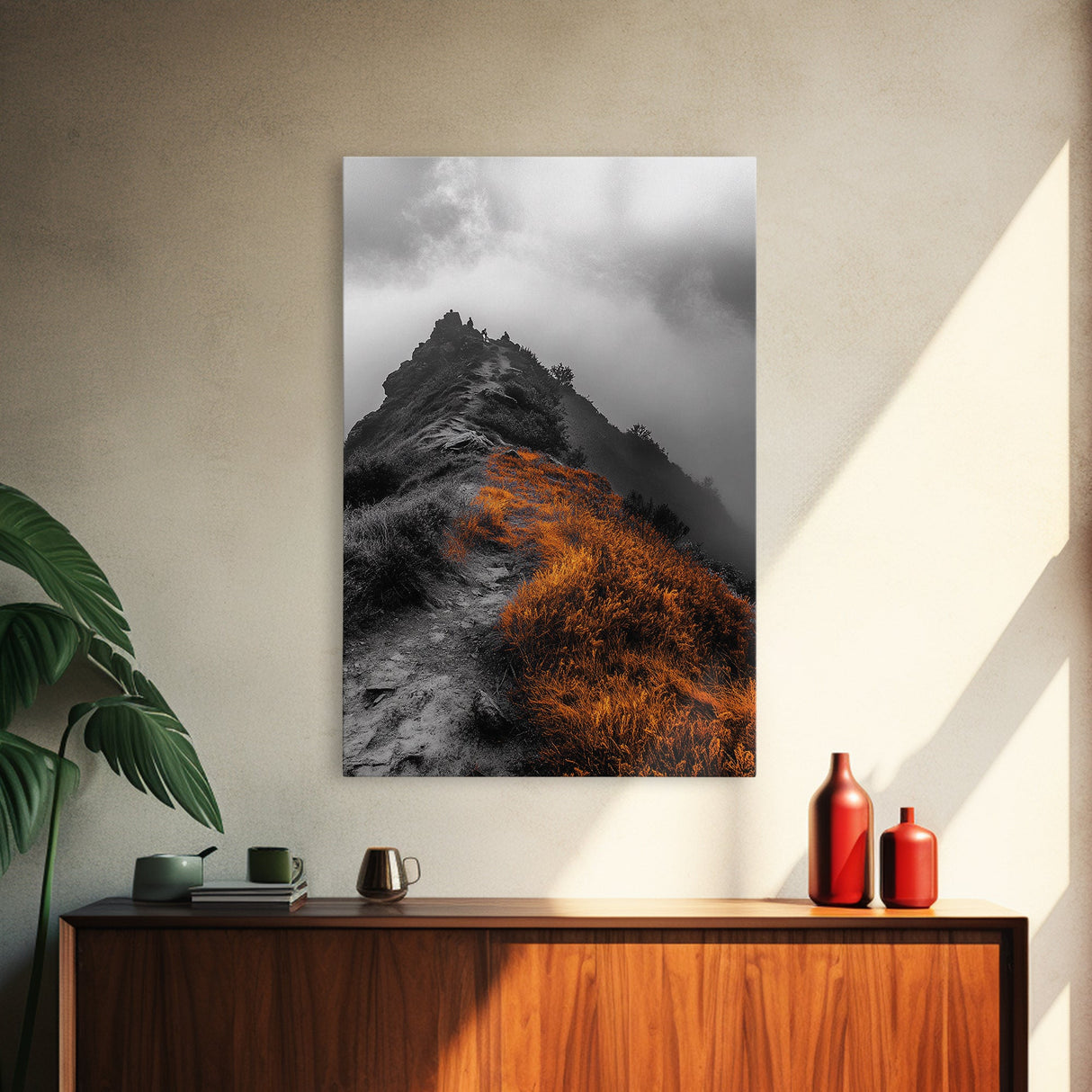 Misty Mountain Hike, Orange Trail Grass, Adventure Explorer Print, Moody Wilderness Scene, Framed Canvas Print, Rustic Cabin Wall Art