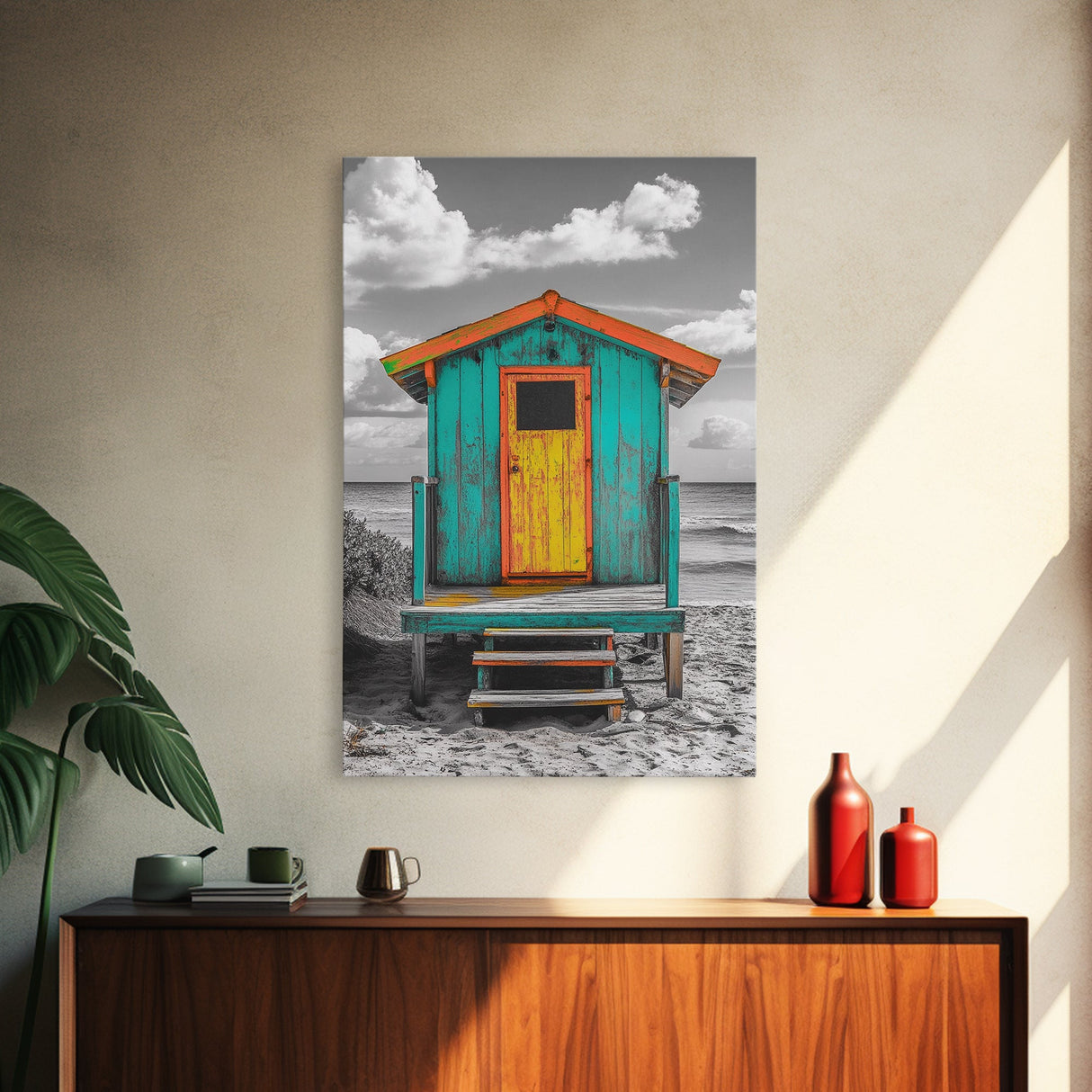 Colorful Beach Hut, Surf Shack, Coastal Cabin, Framed Canvas Print, Tropical Wall Art, Living Room Decor, Bright Summer Home Style