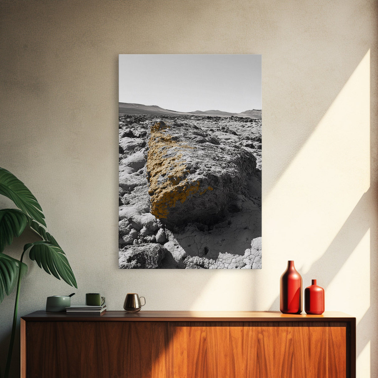 Yellow Lichen Rock, Monochrome Landscape, Desert Texture, Canvas Print, Rustic Wall Art, Minimalist Decor, Entryway or Office Art
